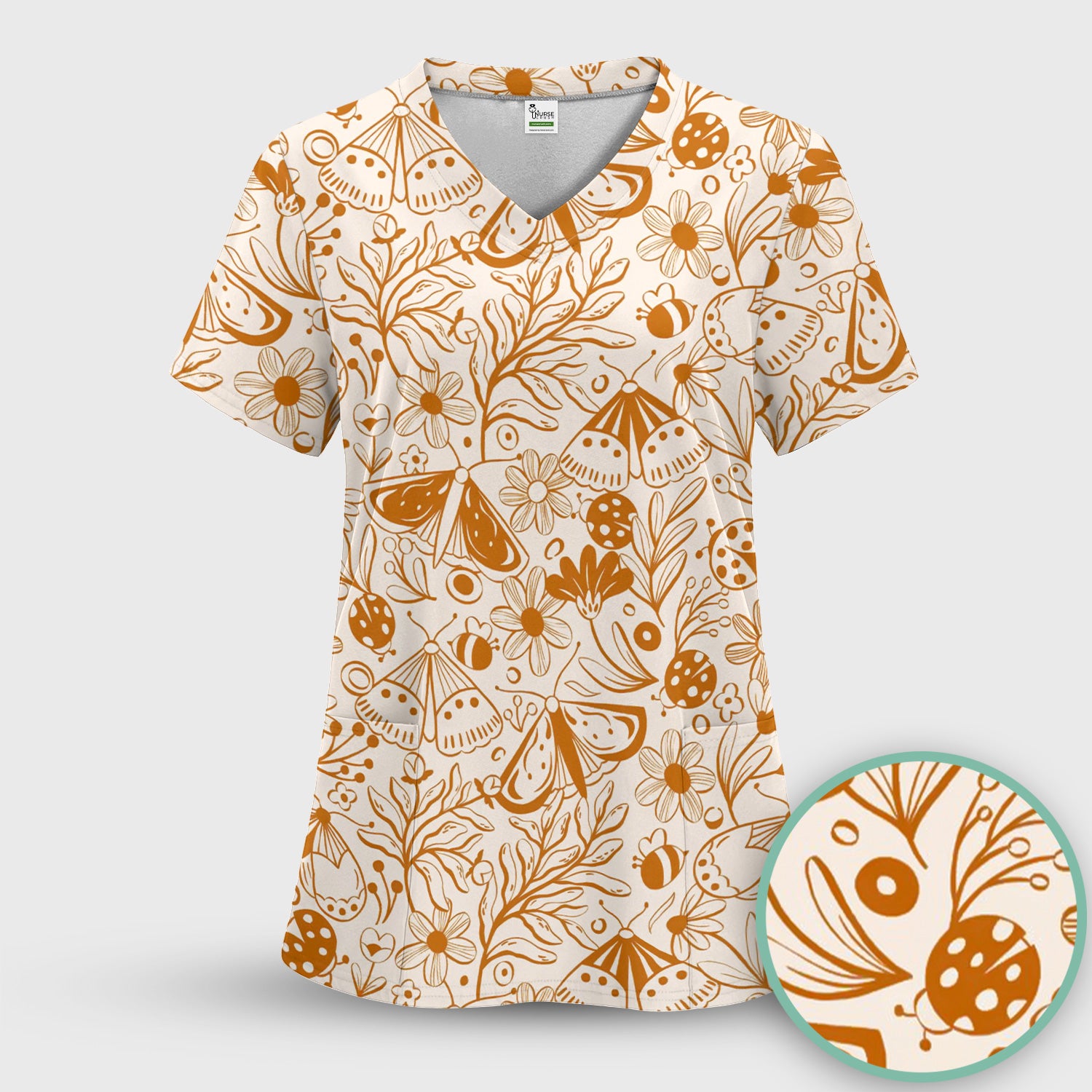 Butterfly Ladybug Floral Garden Pattern Scrub Top, Comfortable Scrubs for Nurses