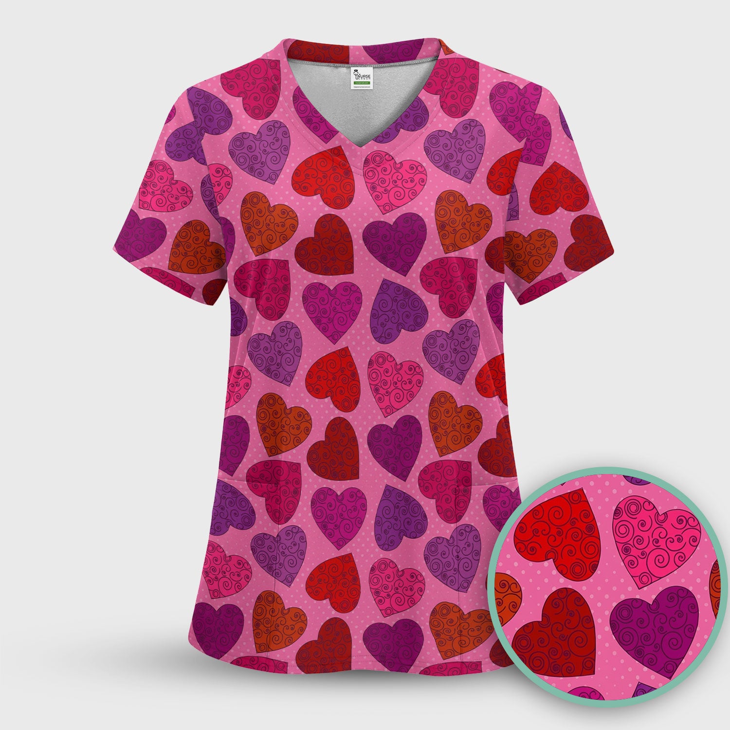 Women’s Pink Heart Scrub Top, Valentine Heart Pattern Nurse Shirt, Comfortable Scrubs For Nursing