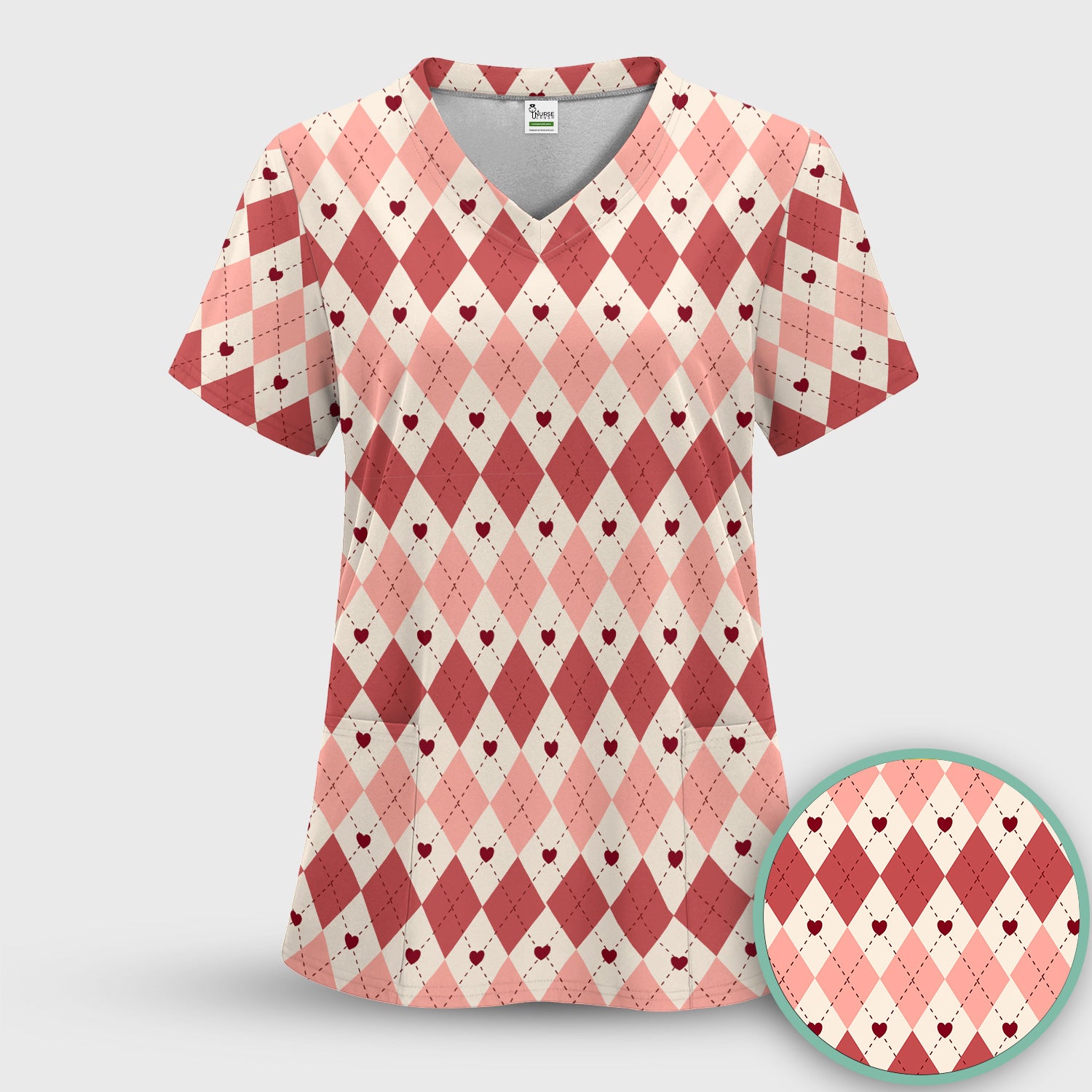 Red Argyle Plaid Pattern Scrubs Sets, Scrub Pants and V Neck Top
