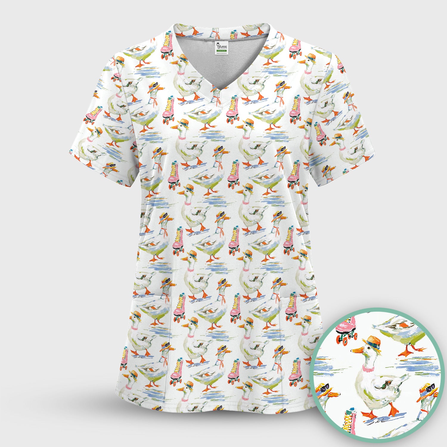 Roller Skating Goose Nurse Pattern Scrub Set, Scrub Pants and V Neck Top