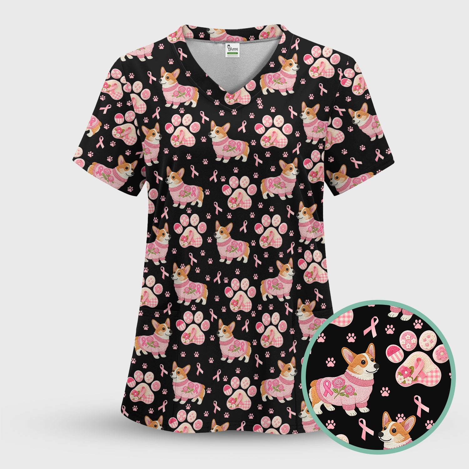 Corgi Pink Ribbon Scrub for Women - Breast Cancer Awareness Shirt - Floral Dog Paw Print Nursing Uniform - Support Gift