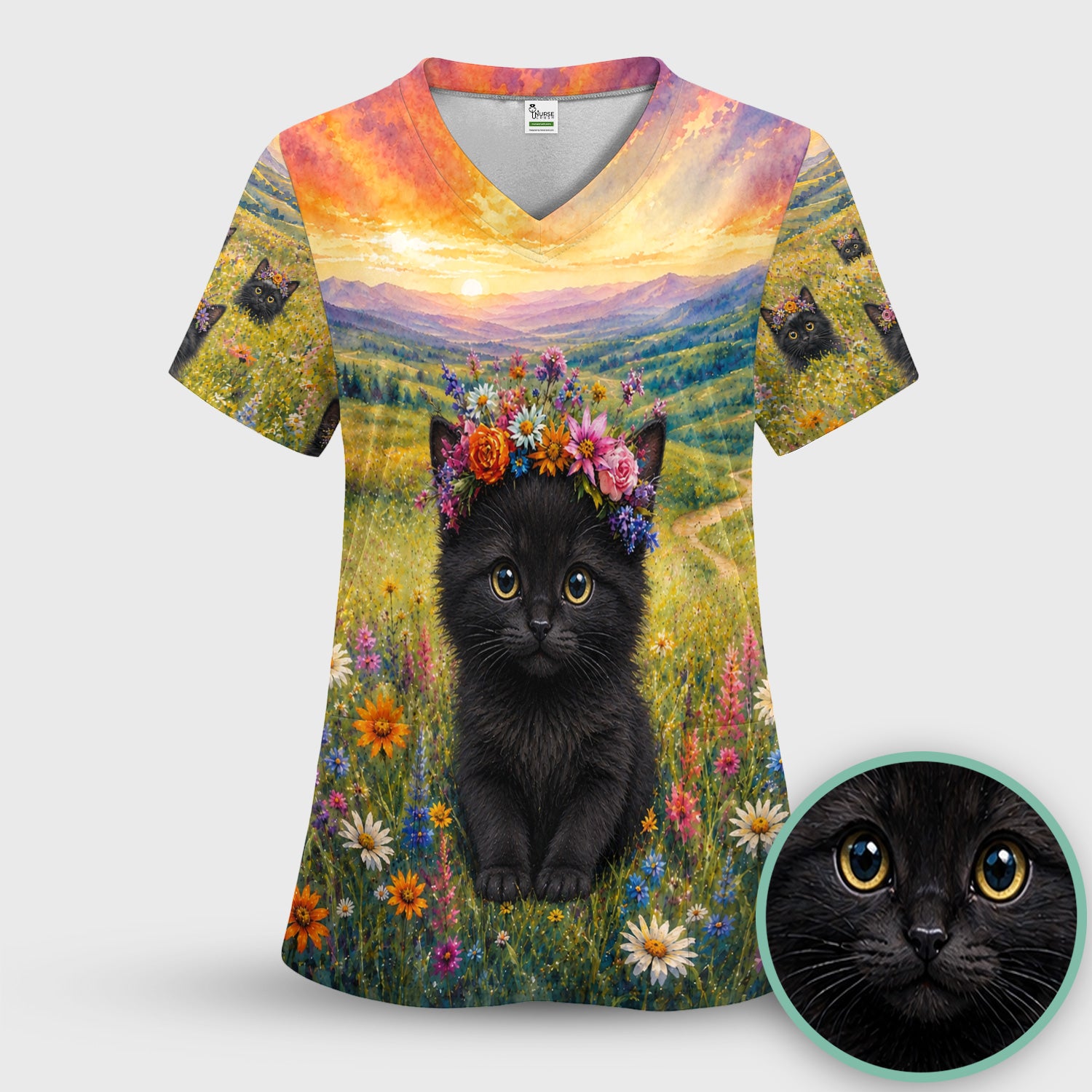 Black Kitten Flower Meadow Pattern Scrub Set, Scrub Pants and V Neck Top
