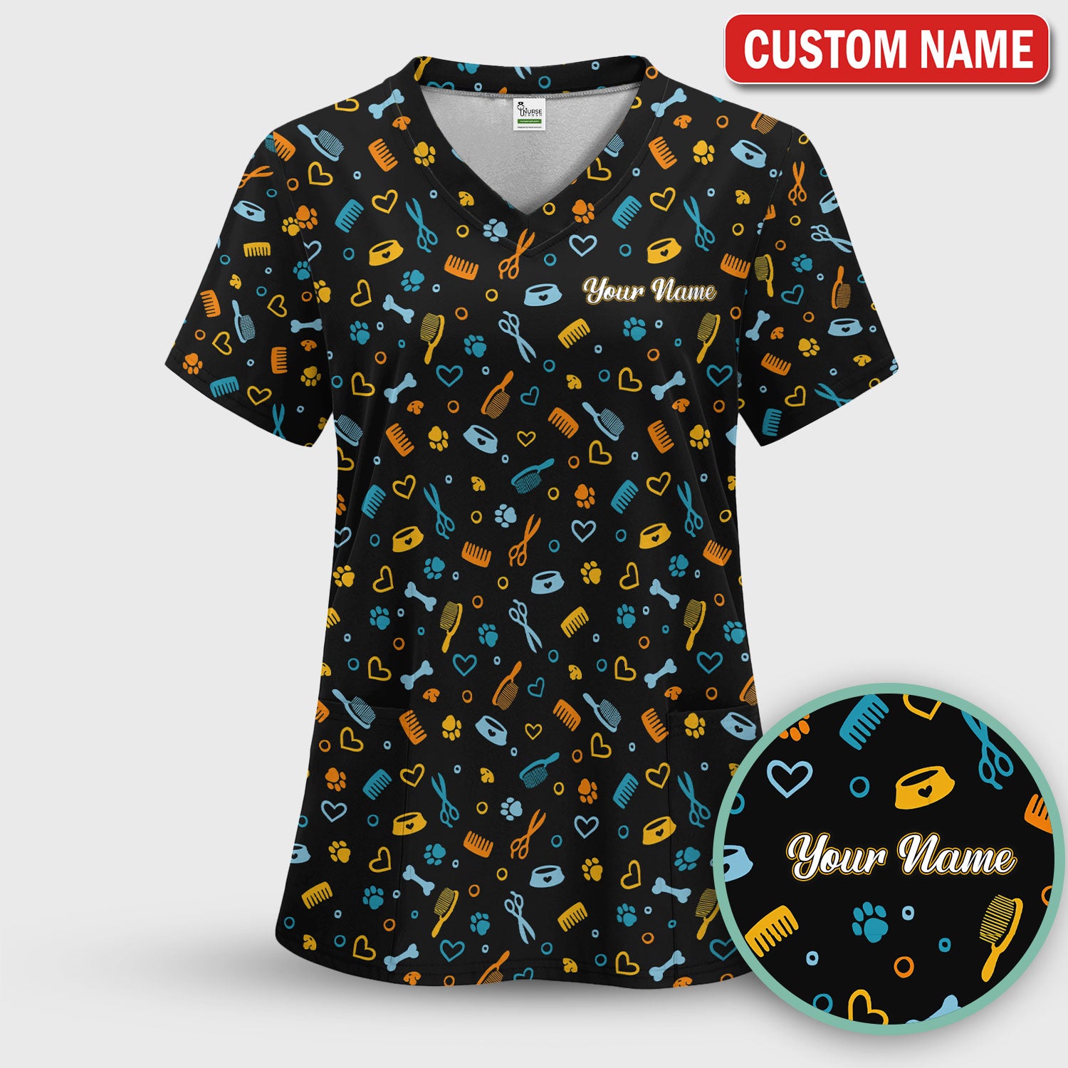 Custom Name Dog Cat Grooming Pattern Scrub Top, Breathable Fabrics Nursing Uniform