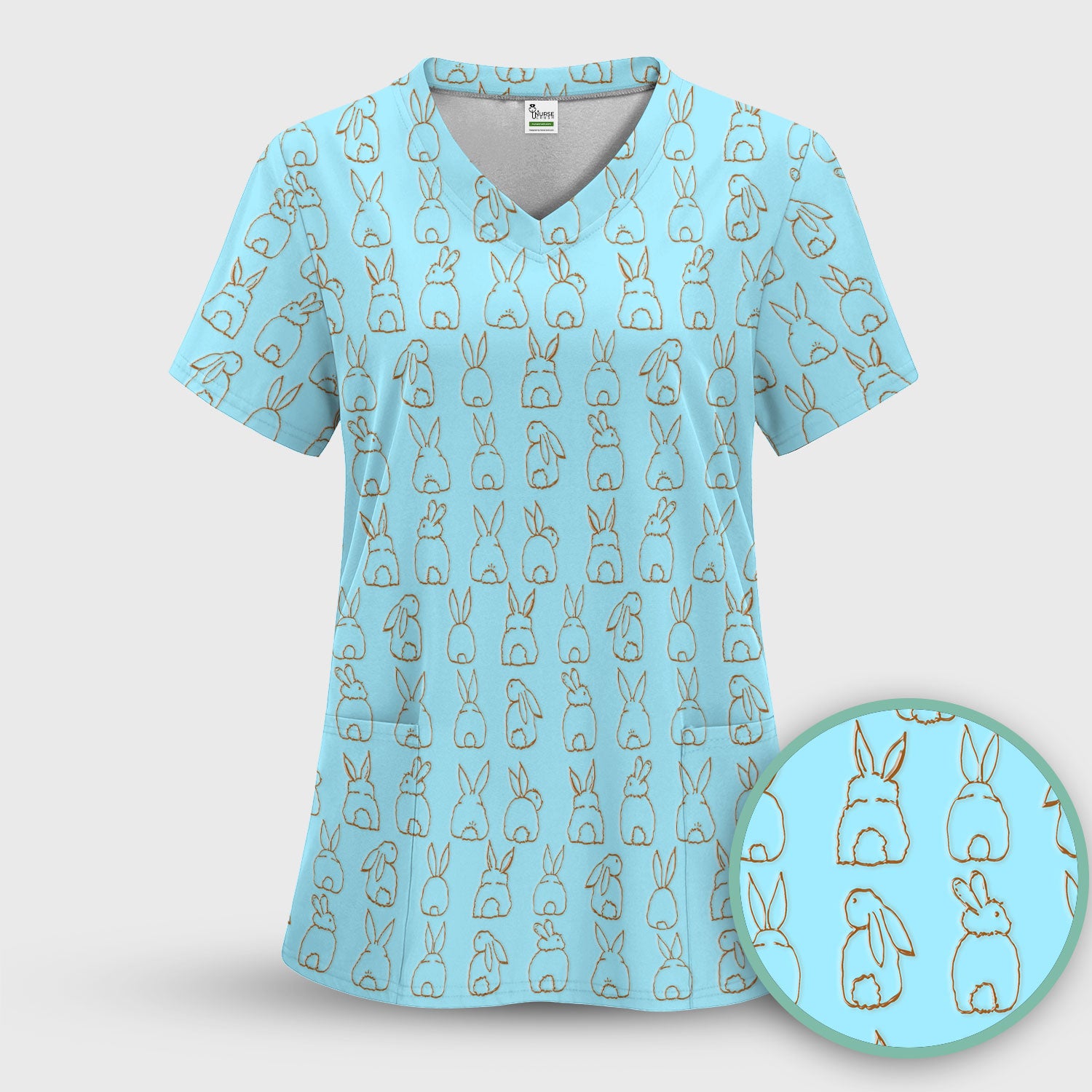 Cartoon Bunny Line Art Pattern Medical Scrub Top, Comfortable Scrubs for Nurses, Easter
