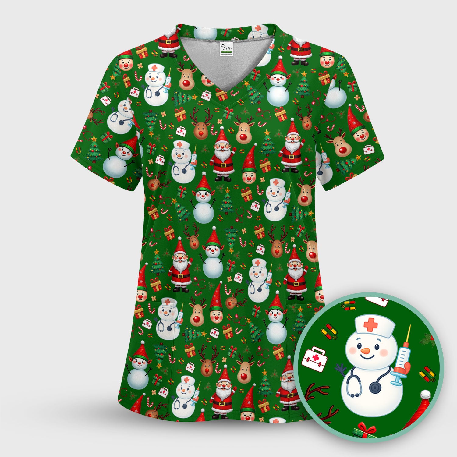Christmas Scrub Top for Nurses - Cute Snowman Reindeer Santa Pattern - Holiday Medical Uniform RN CNA LPN Gift