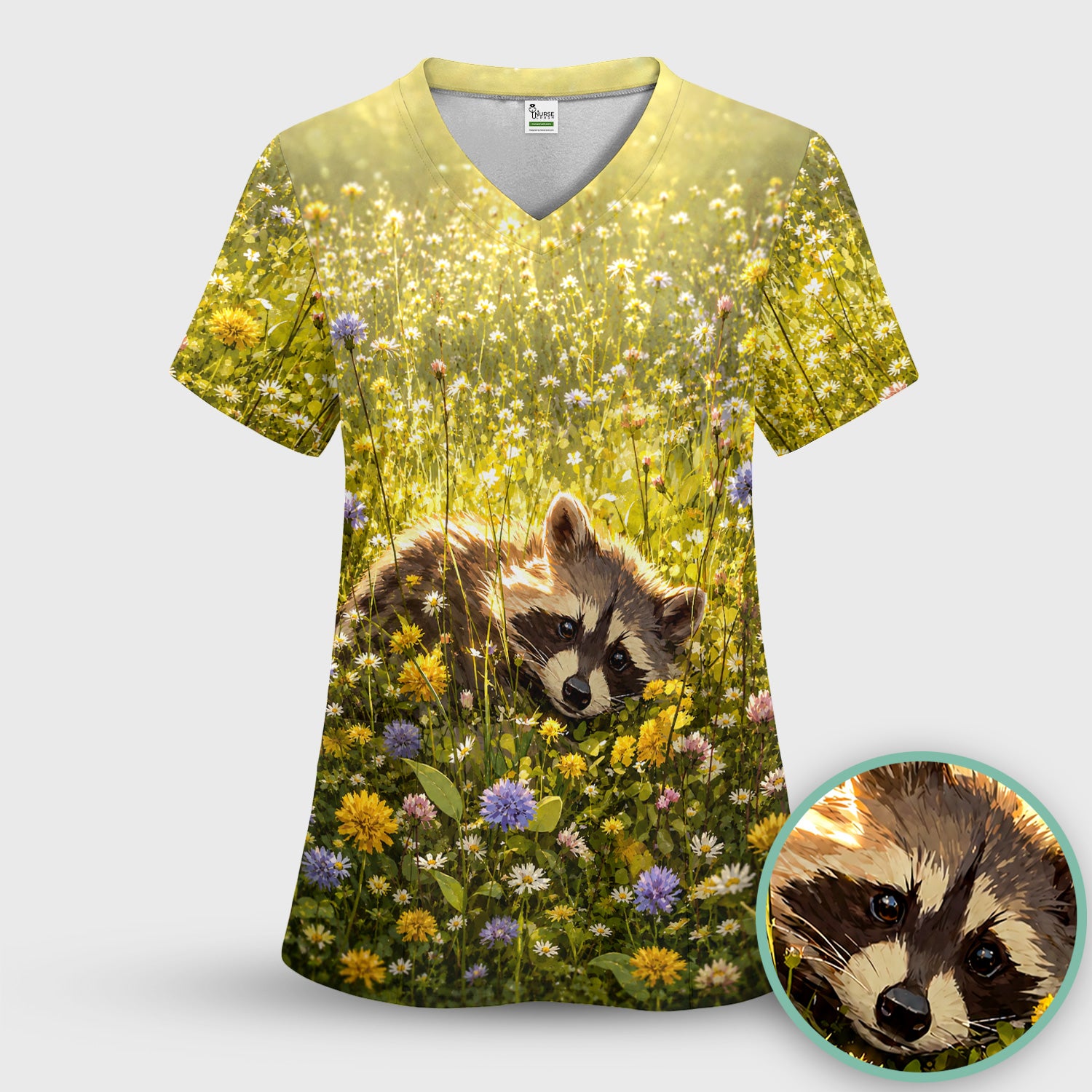 Meadow Raccoon Wildflower Garden Pattern Scrub Set, Scrub Pants and V Neck Top