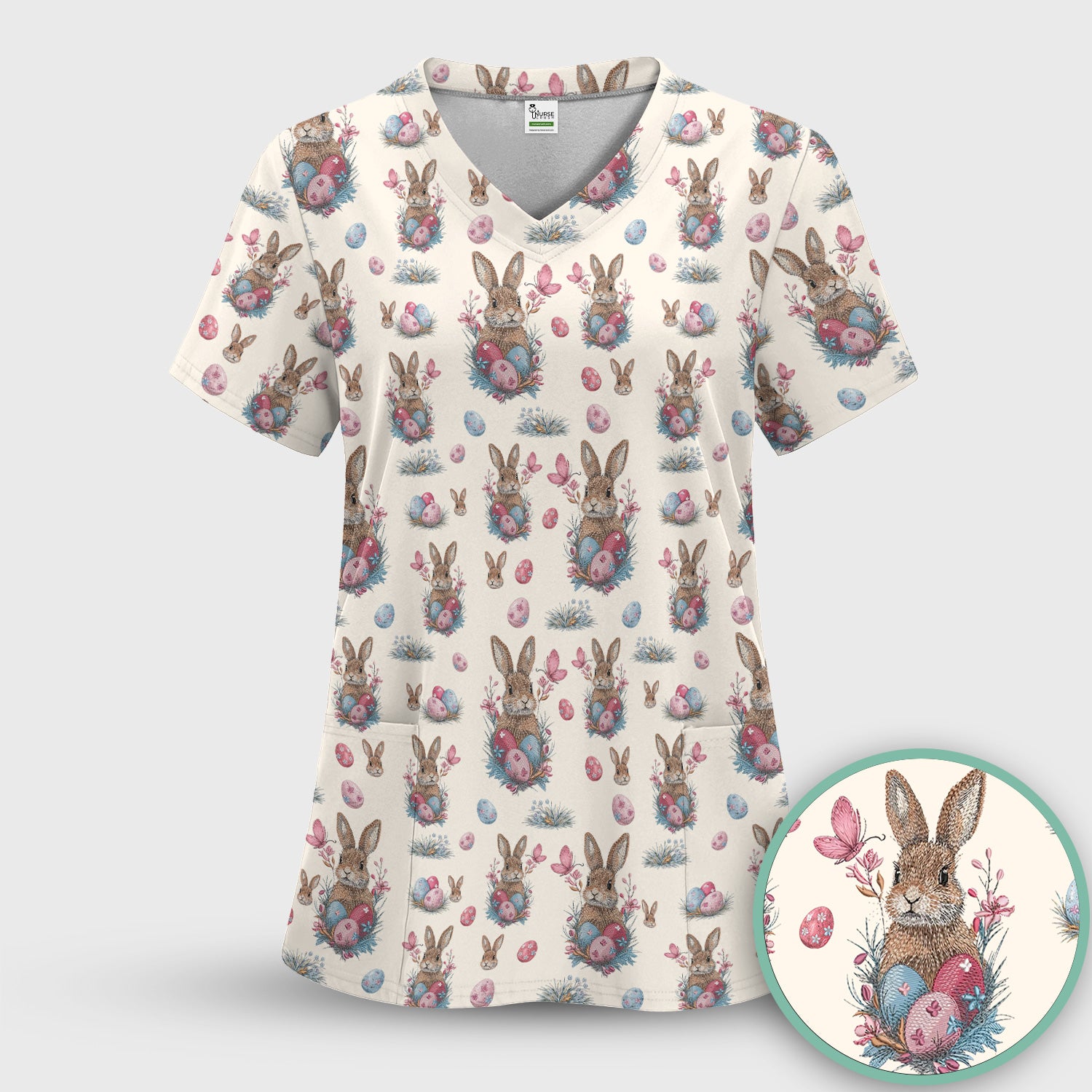 Pastel Easter Bunny Nest Pattern Scrub Top, Comfortable Scrubs for Nurses