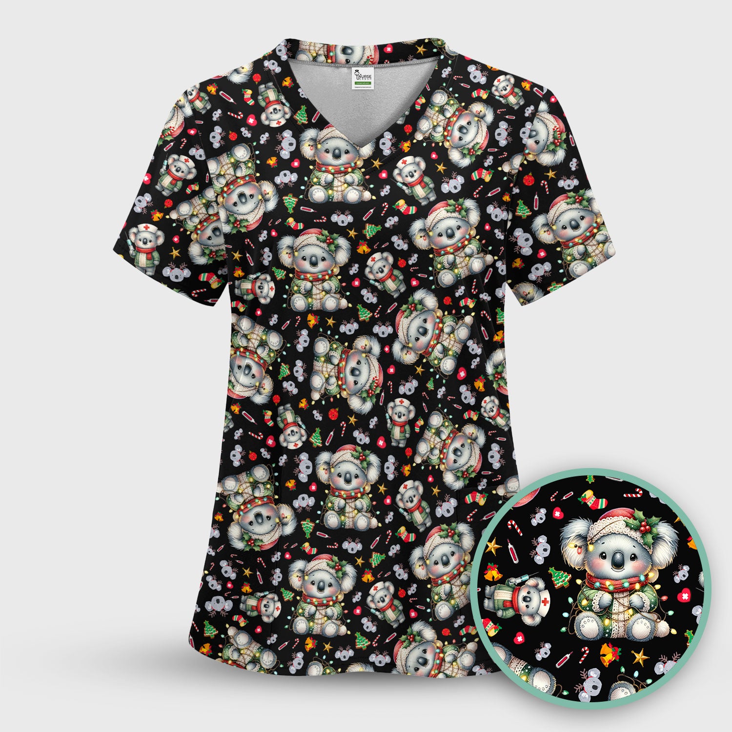 Christmas Koala Scrub Top - Cute Aussie Holiday Nurse Shirt for Women - Funny Animal Medical Uniform