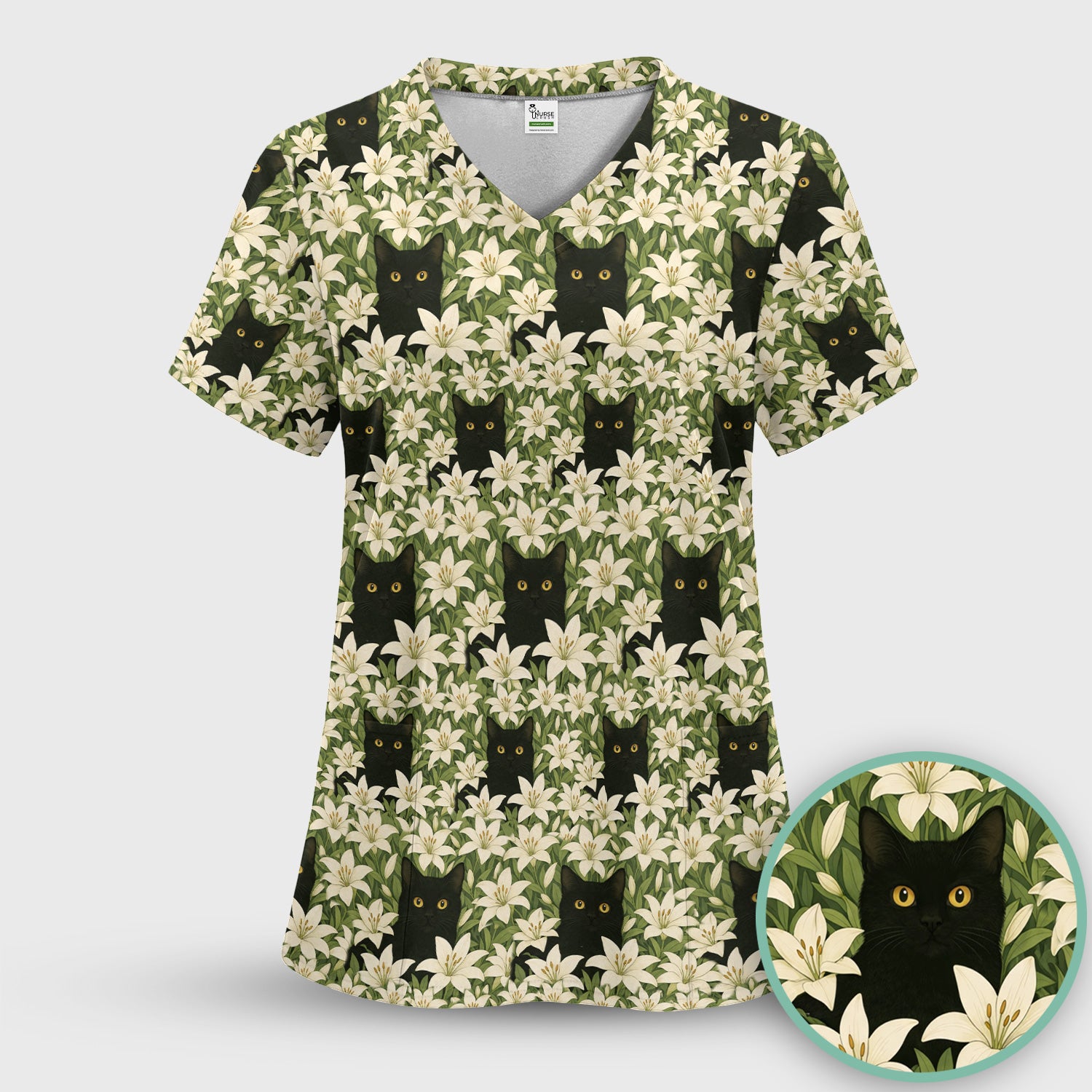 Black Cat Hidden In Lily Garden Pattern Scrub Top, Comfortable Scrubs for Nurses
