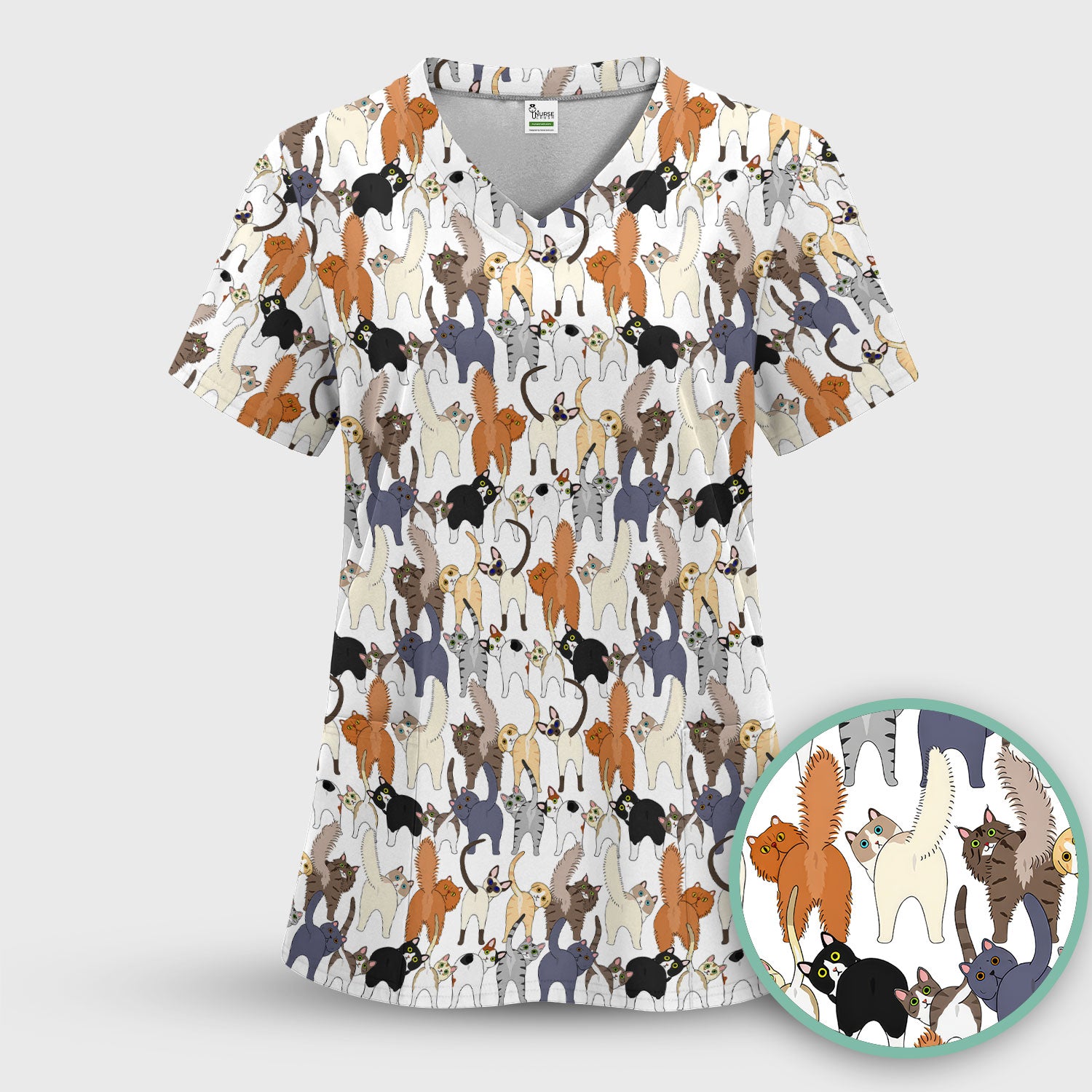 Whimsical Multicolor Cat Cartoon Pattern Scrub Top, Comfortable Scrubs for Nurses