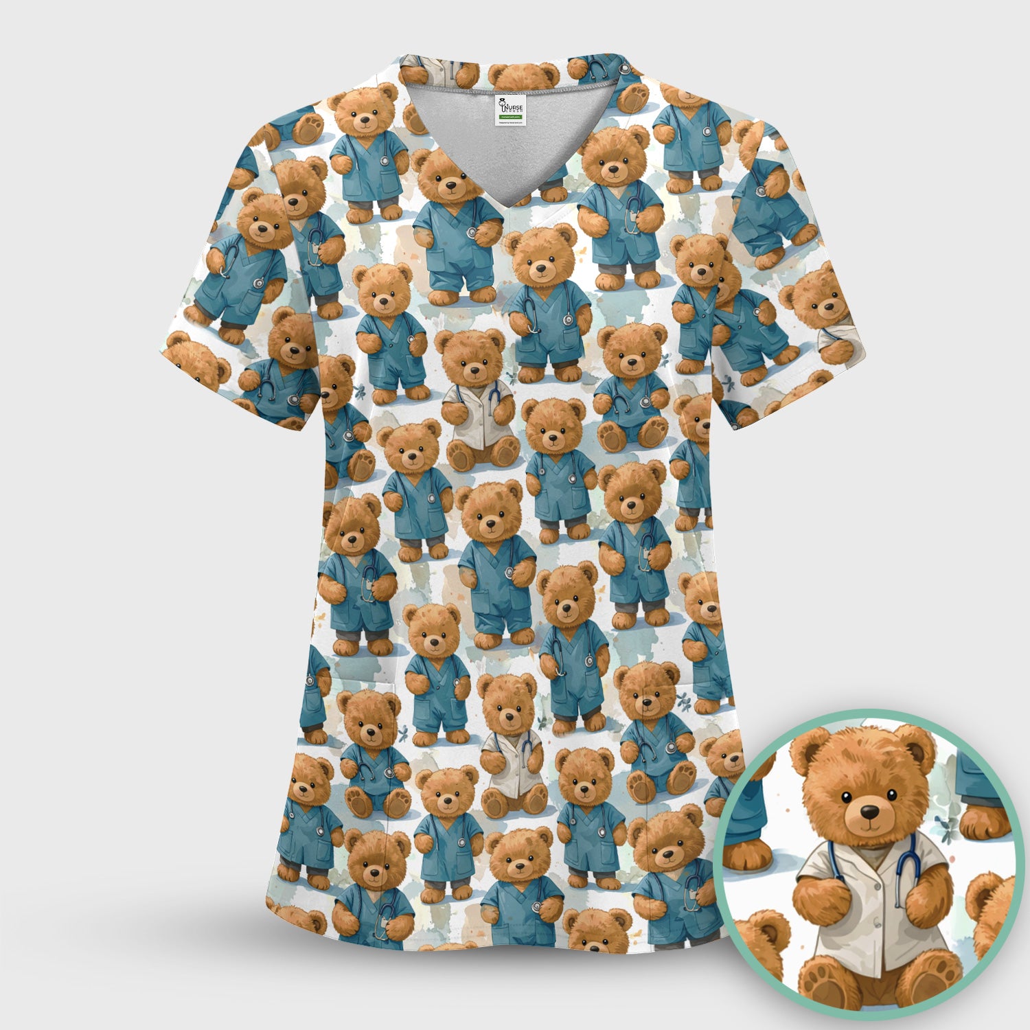 Teddy Bear Doctor Character Pattern Scrub Set, Scrub Pants and V Neck Top