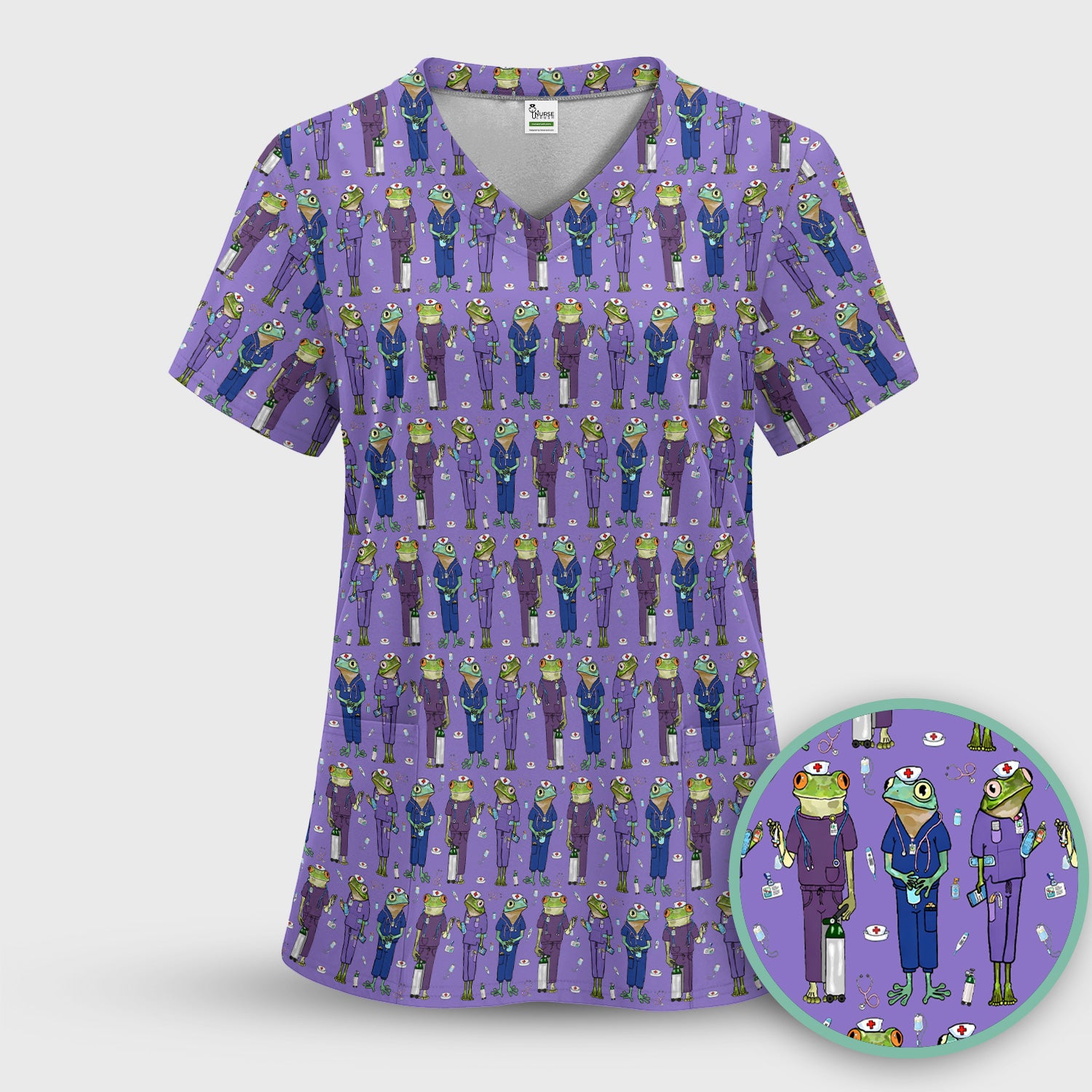 Funny Frog Nurse Pattern V Neck Scrub Top for Healthcare Workers