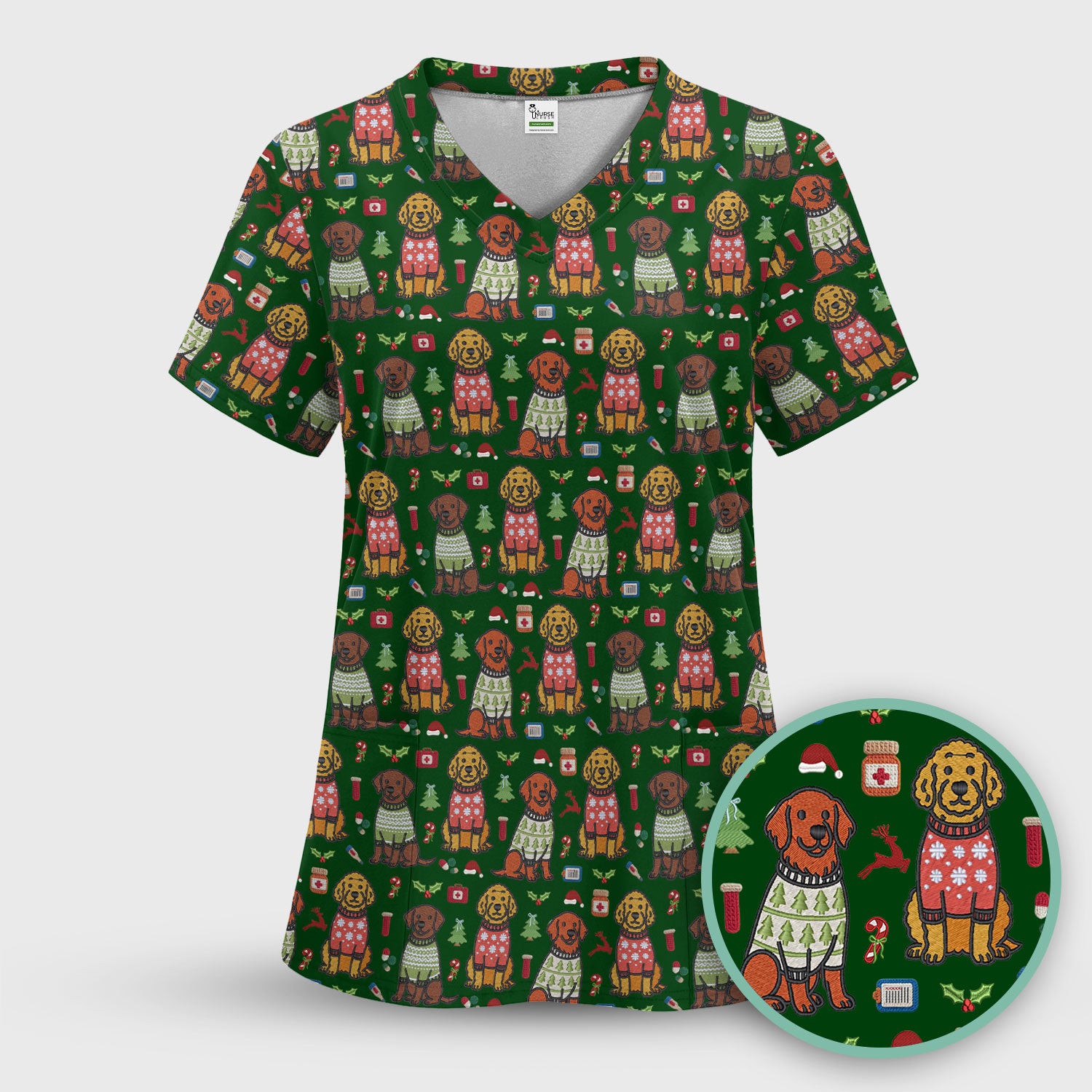 Golden Retriever Christmas Scrub Top, Cute Holiday Dog Nurse Pattern Shirt, Breathable Fabrics Nursing Uniform