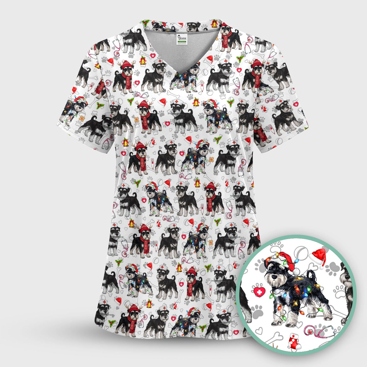 Christmas Schnauzer Scrubs for Nurses - Cute Dog Holiday Scrub Top - Funny Santa Nursing Medical Shirt for Women