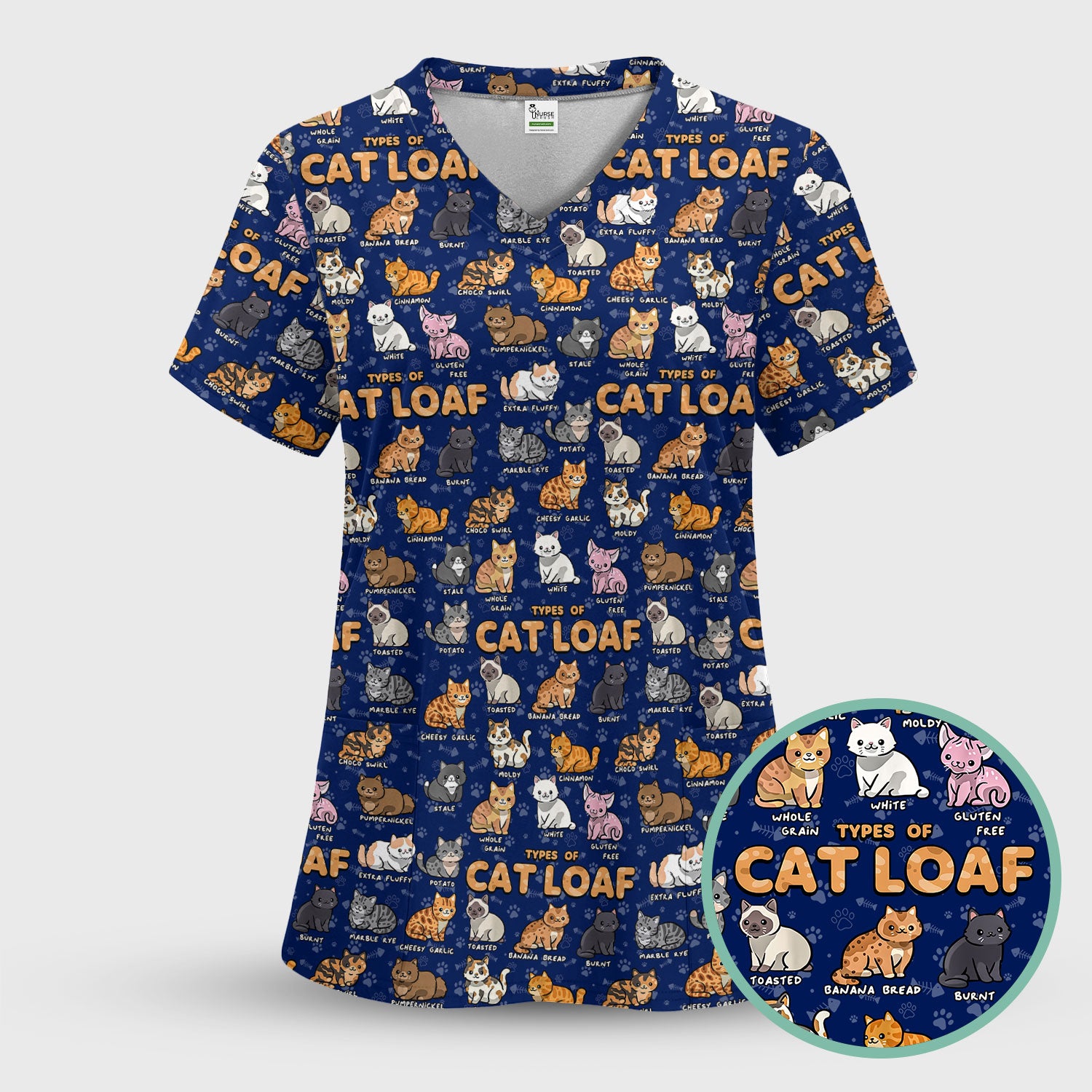 Funny Cat Loaf Nurse Scrub Top - Cute Cat Lover Medical Shirt for Women - Types of Cat Loaf RN LPN CNA Uniform Gift