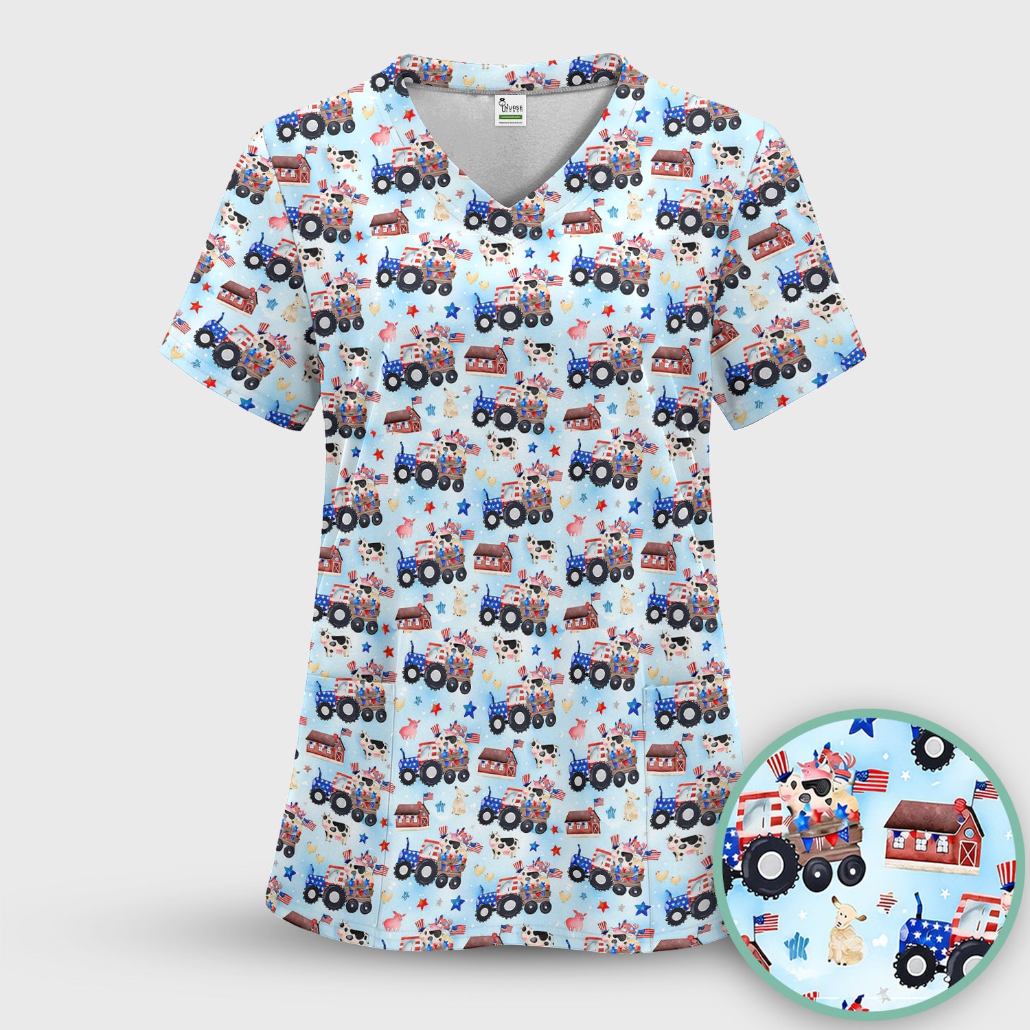 Patriotic Cow Tractor Farm Stars Pattern Scrub Set, Scrub Pants and V Neck Top