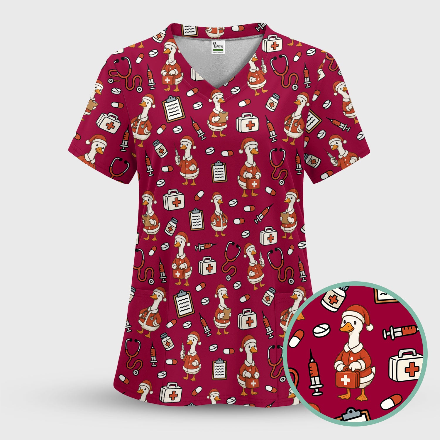 Santa Duck Nurse Scrubs - Christmas Print Medical Shirt for Women Men - Funny Holiday Scrub Top for RN CNA Doctor, Cute Xmas Gift
