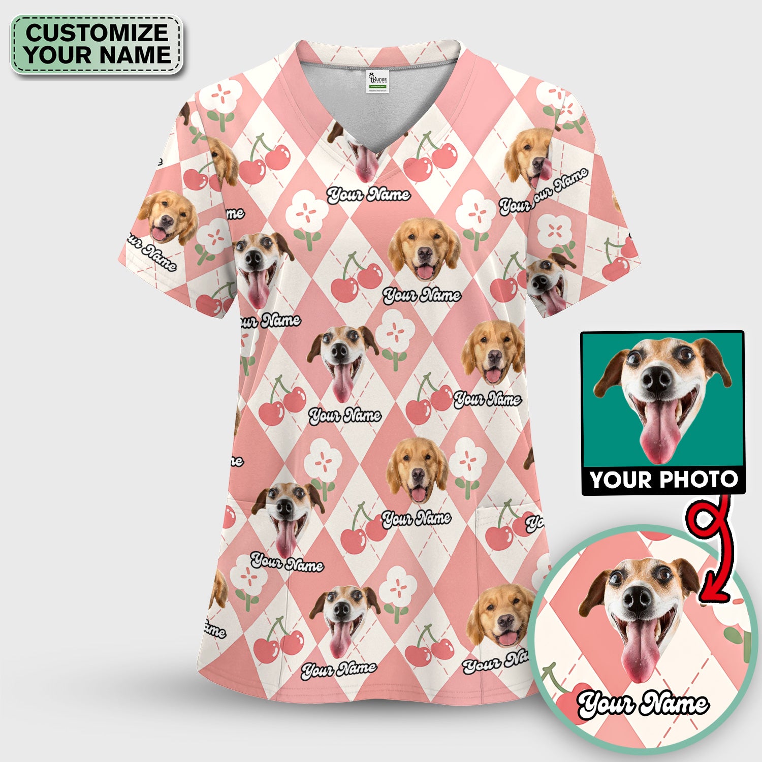 Custom Dog Face Scrub Set, Playful Dog Cherry Argyle Pattern Shirt, Breathable Fabrics Nursing Uniform