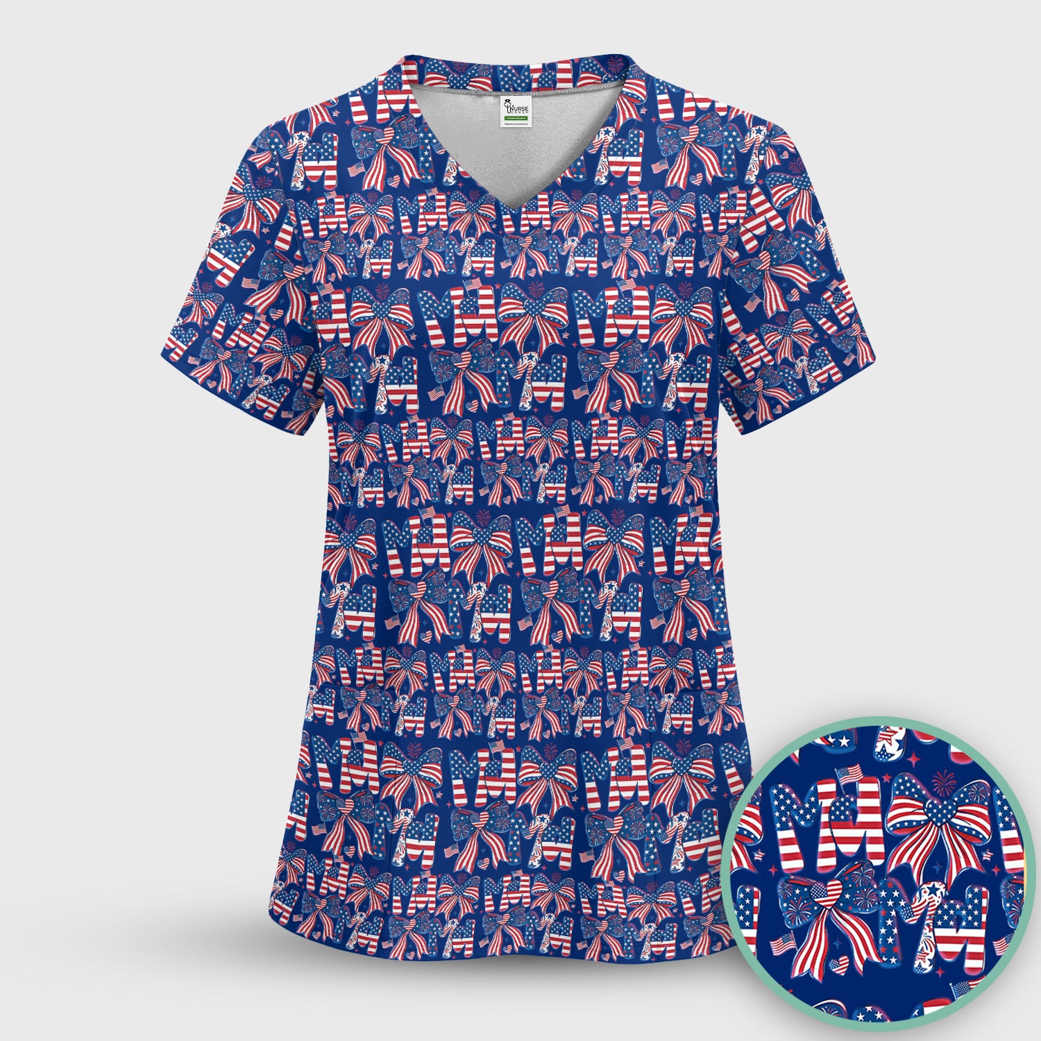 American Flag MaMa Bow Pattern Scrub Top, Comfortable Scrubs for Nurses