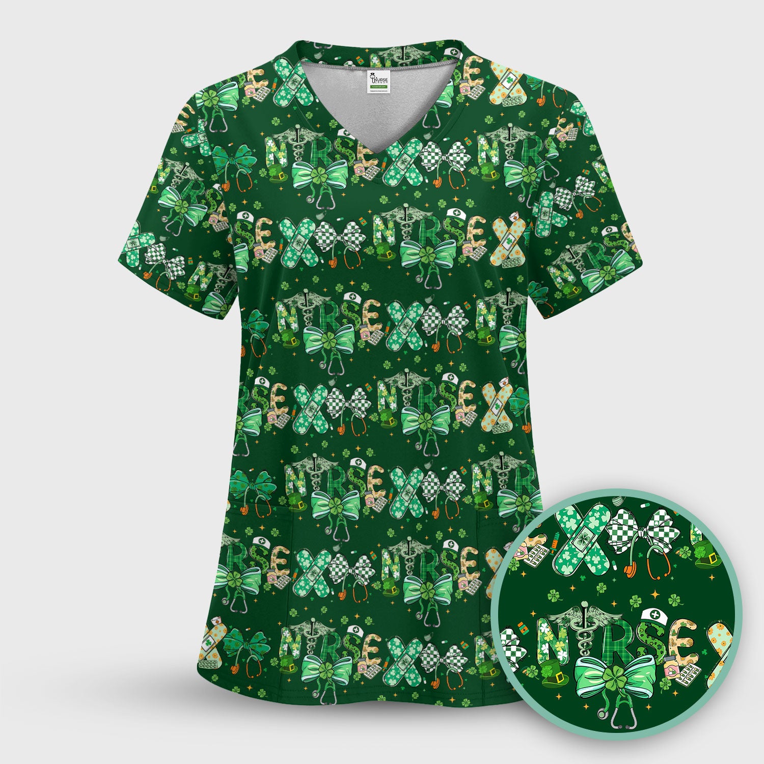 St. Patrick’s Nurse Scrub Top, Lucky Clover And Green Bow Pattern Nurse Shirt, Breathable Fabrics Nursing Uniform