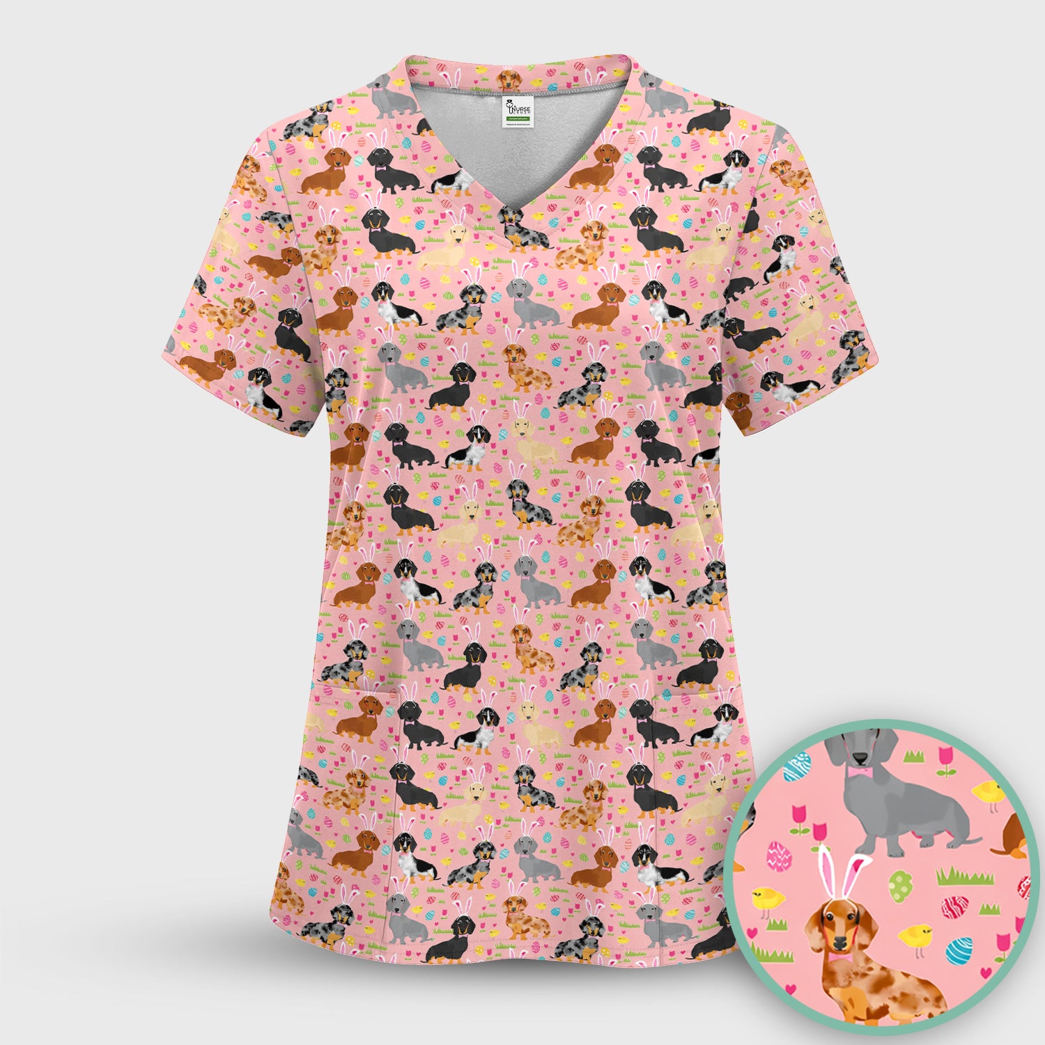 Easter Dachshund Dog Pattern Scrub Top, Comfortable Scrubs for Nurses
