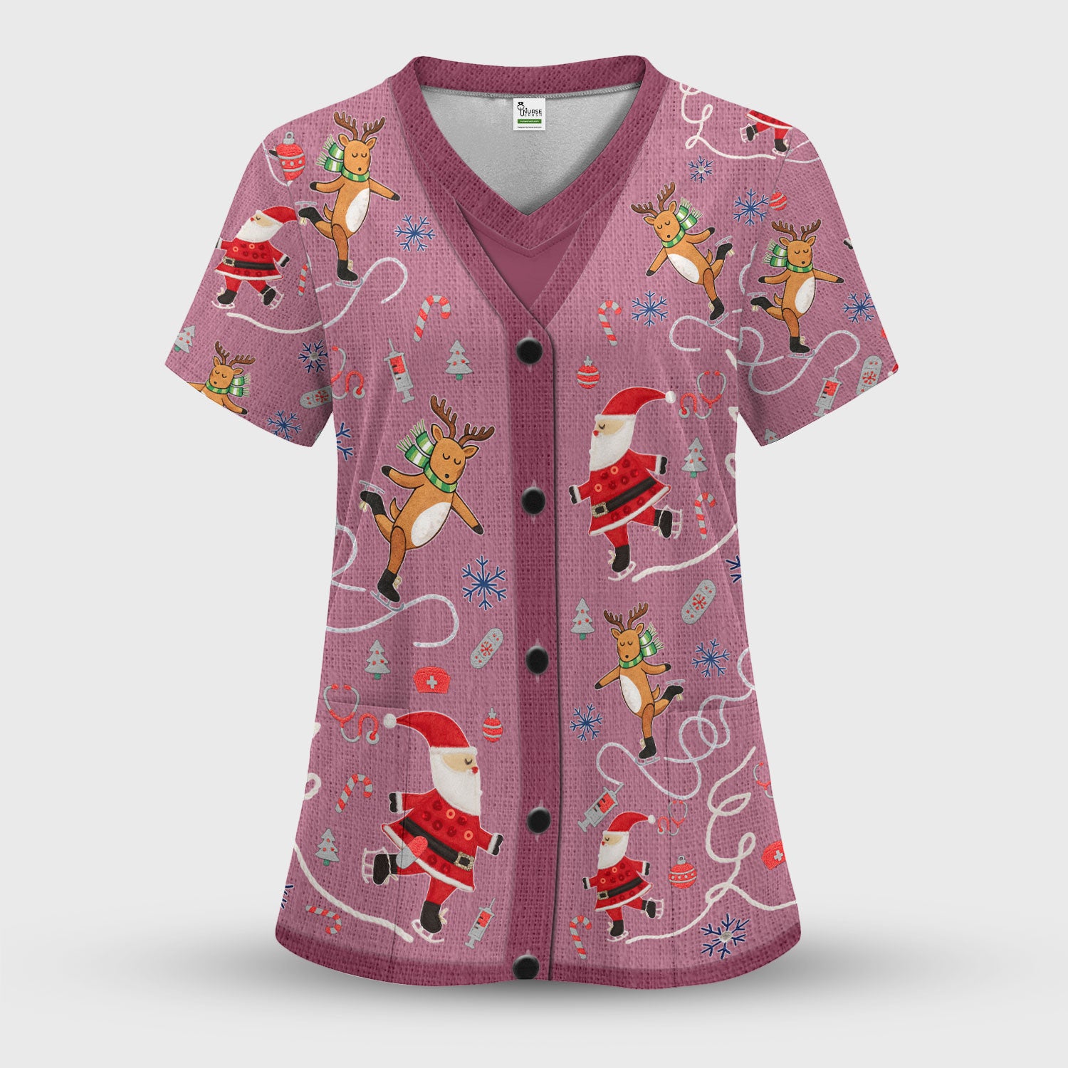 Christmas Reindeer Santa Nurse Scrub Top, Cute Holiday Medical Uniform Shirt for Women
