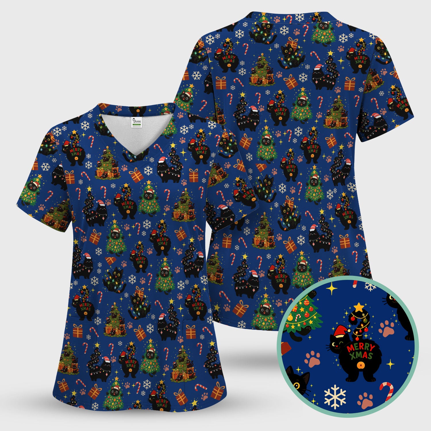 Christmas Cat Scrub Set for Women - Black Cat and Tree Pattern Holiday Nurse Scrubs - Cute Gift for RN LPN CNA