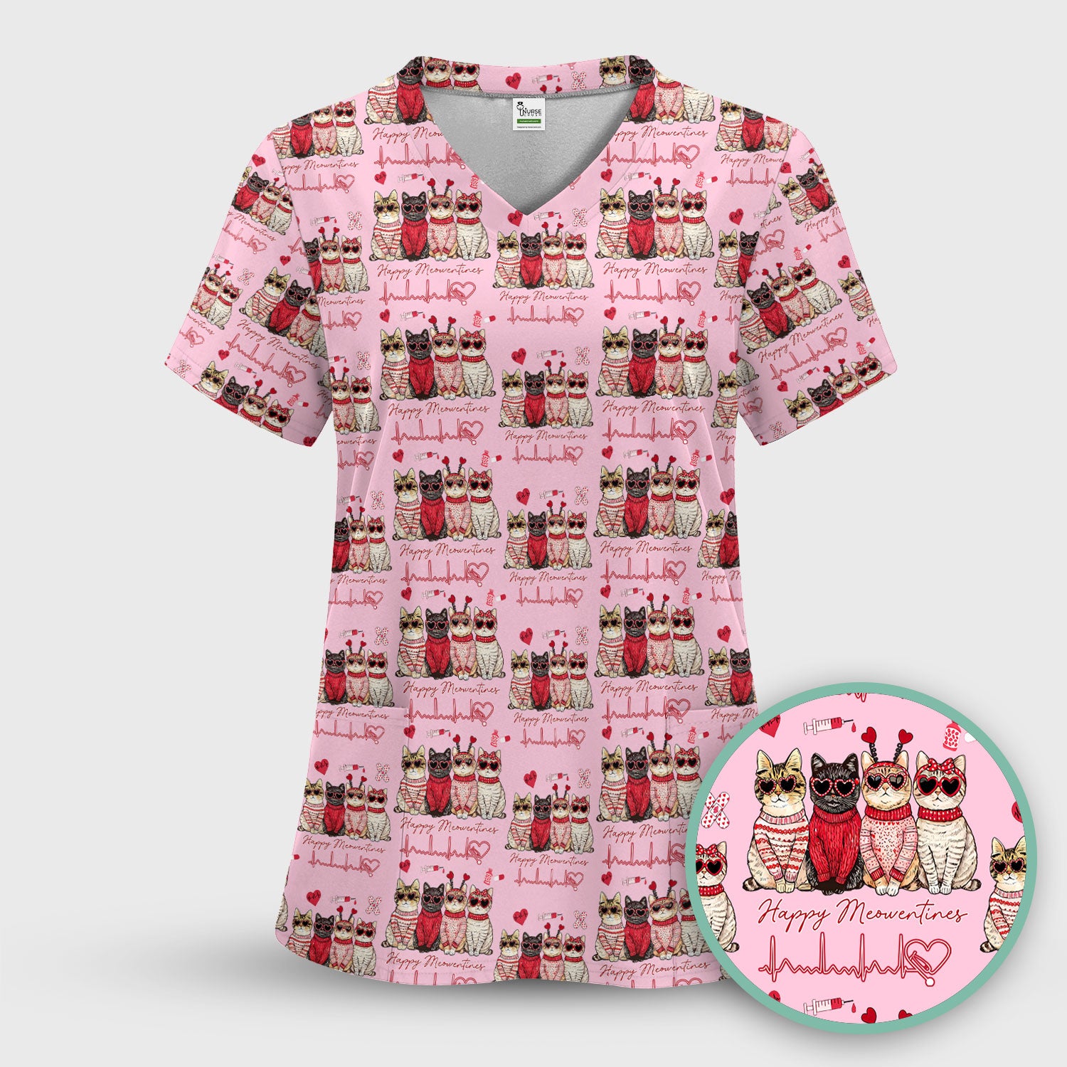 Happy Meowtines Cat Pattern Scrub Top, Valentine Cat Lover Nurse Scrub Shirt, Heartbeat Medical Pattern Nursing Uniform