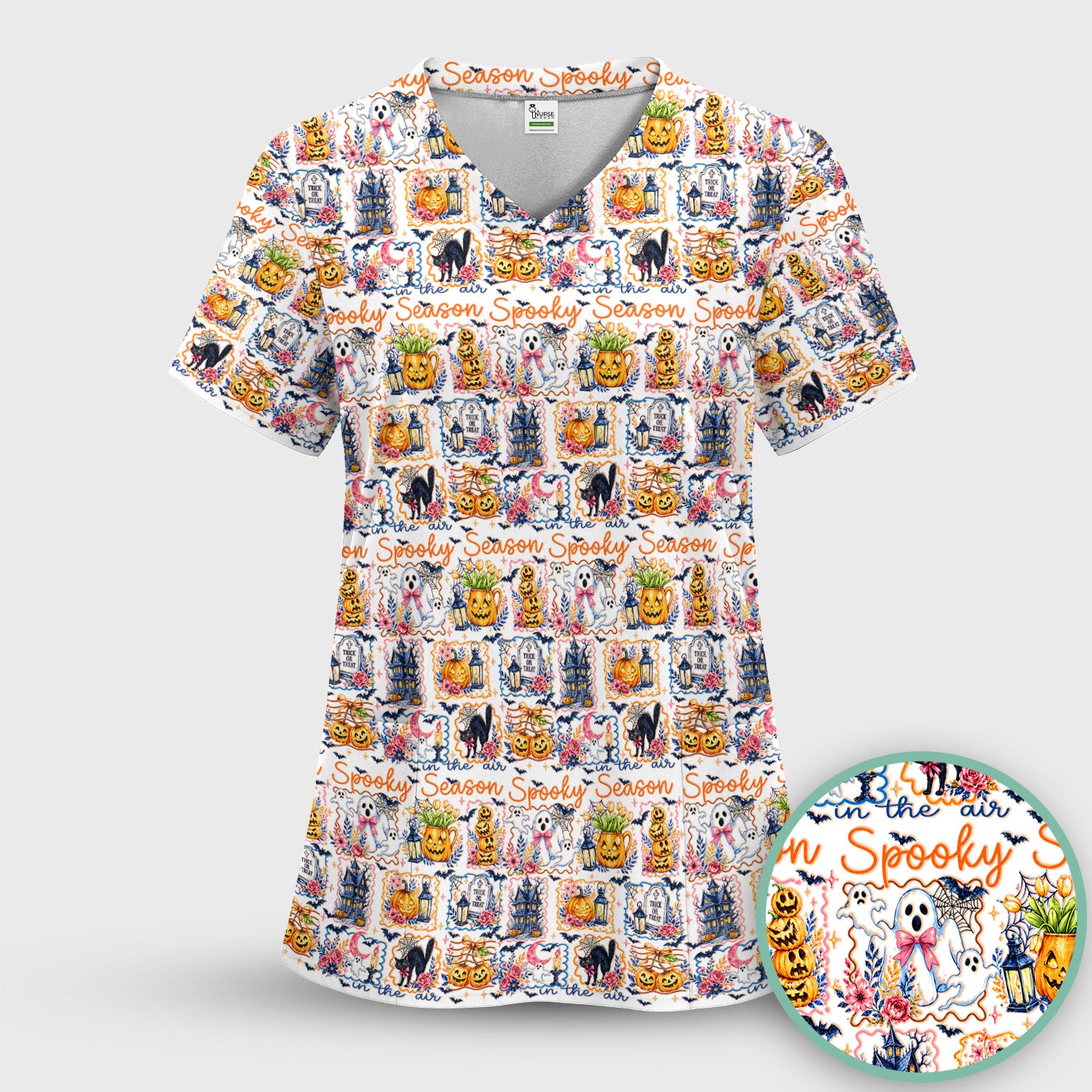 Spooky Halloween Pumpkin Ghost Pattern Scrub Set, Scrub Pants and V Neck Top