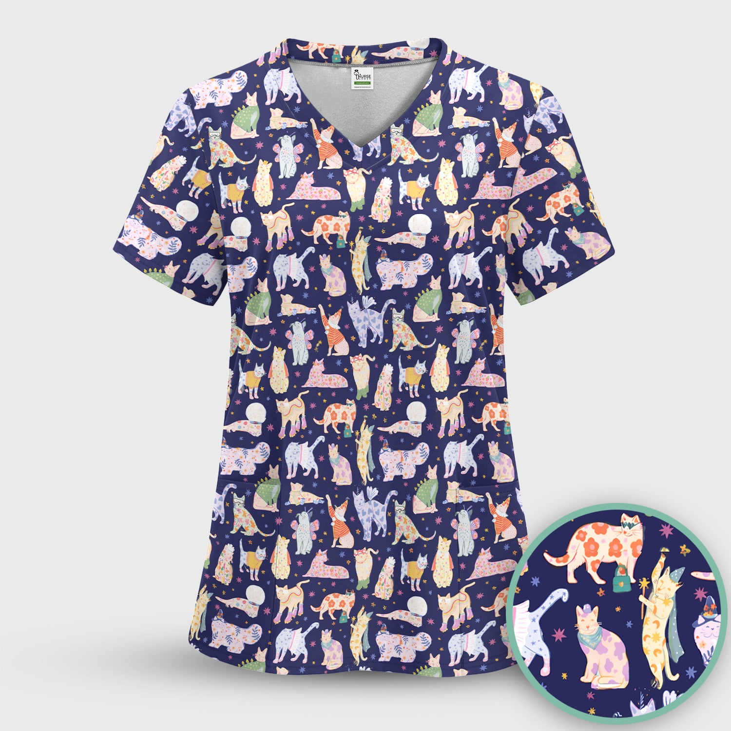 Cute Colorful Cats Pattern Scrub Set, Scrub Pants and V Neck Top