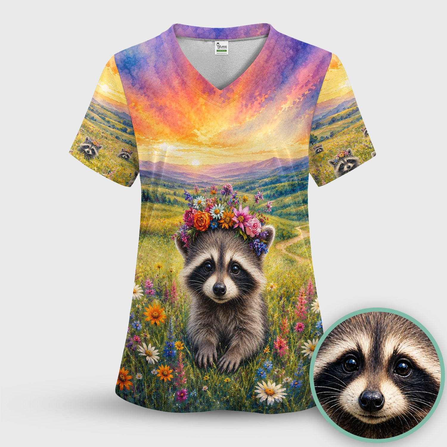Floral Raccoon Meadow Veterinary Nurse Pattern Scrub Top, Comfortable Scrubs for Nurses