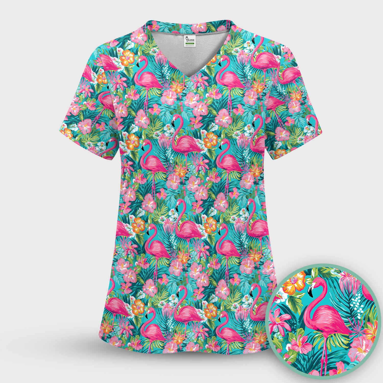 Tropical Flamingo Floral Pattern Scrub Set, Scrub Pants and V Neck Top