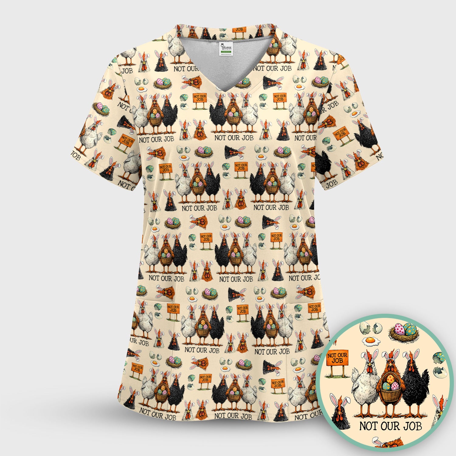 Funny Easter Chicken Humor Pattern Scrub Top, Comfortable Scrubs for Nurses