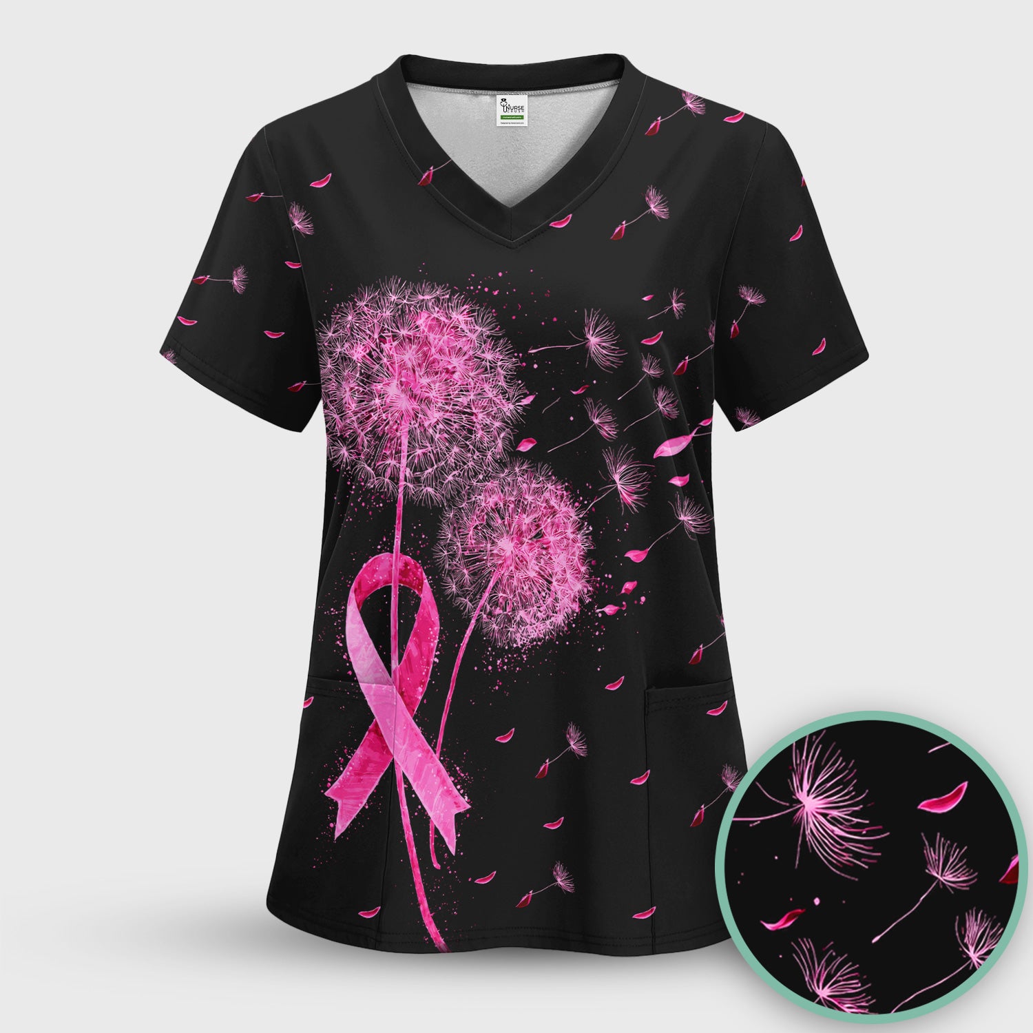 Meaningful Pink Ribbon Dandelion Scrub Top, Comfortable Scrubs for Nurses