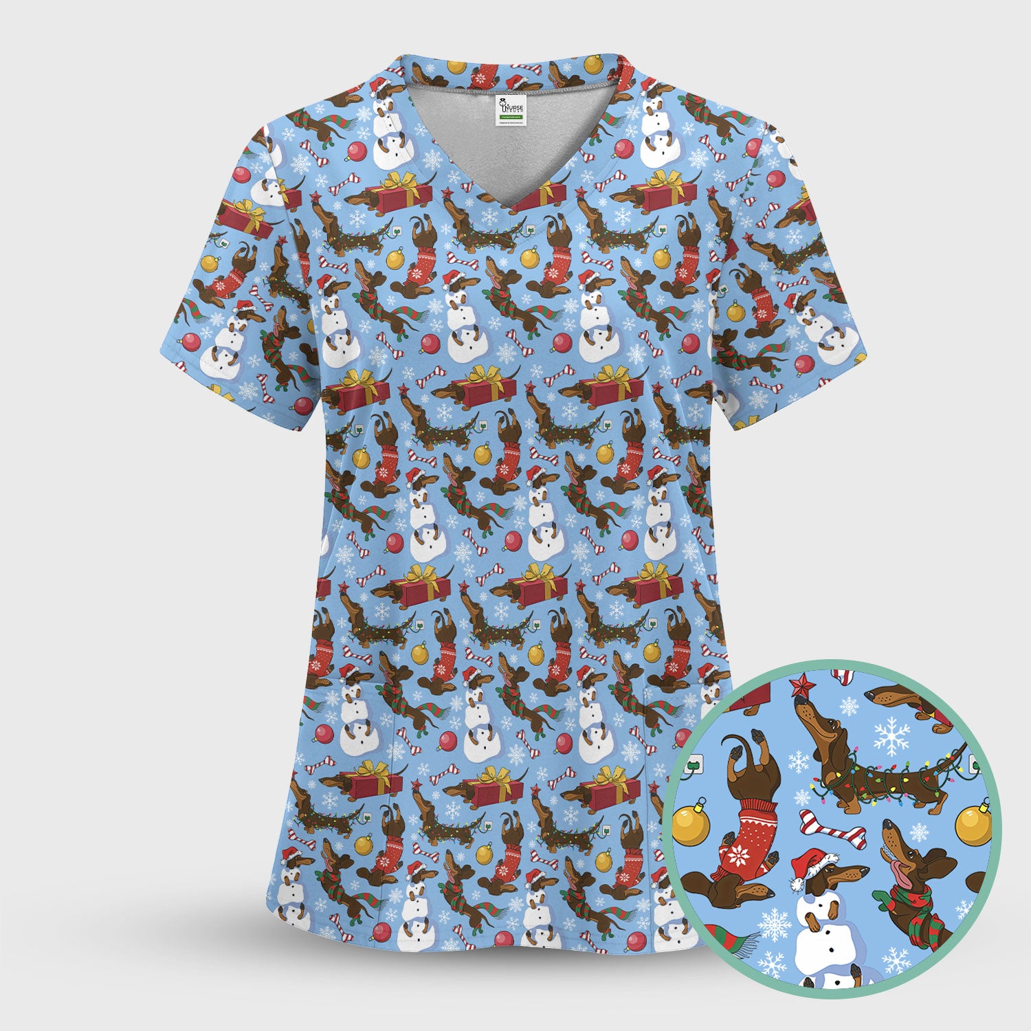 Christmas Nurse Scrubs for Women - Dachshund Dog & Snowman Print - Custom Multi Color Nursing Shirt Holiday Gift
