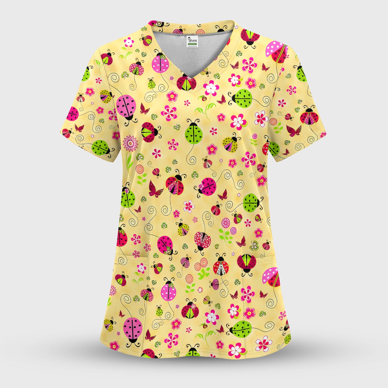 Yellow Ladybug Floral Garden Pattern Scrub Set, Scrub Pants and V Neck Top