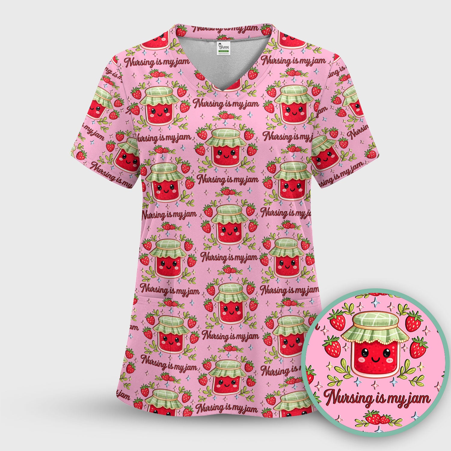 Cute Strawberry Jam Nurse Pattern Scrub Set, Breathable Med Uniform