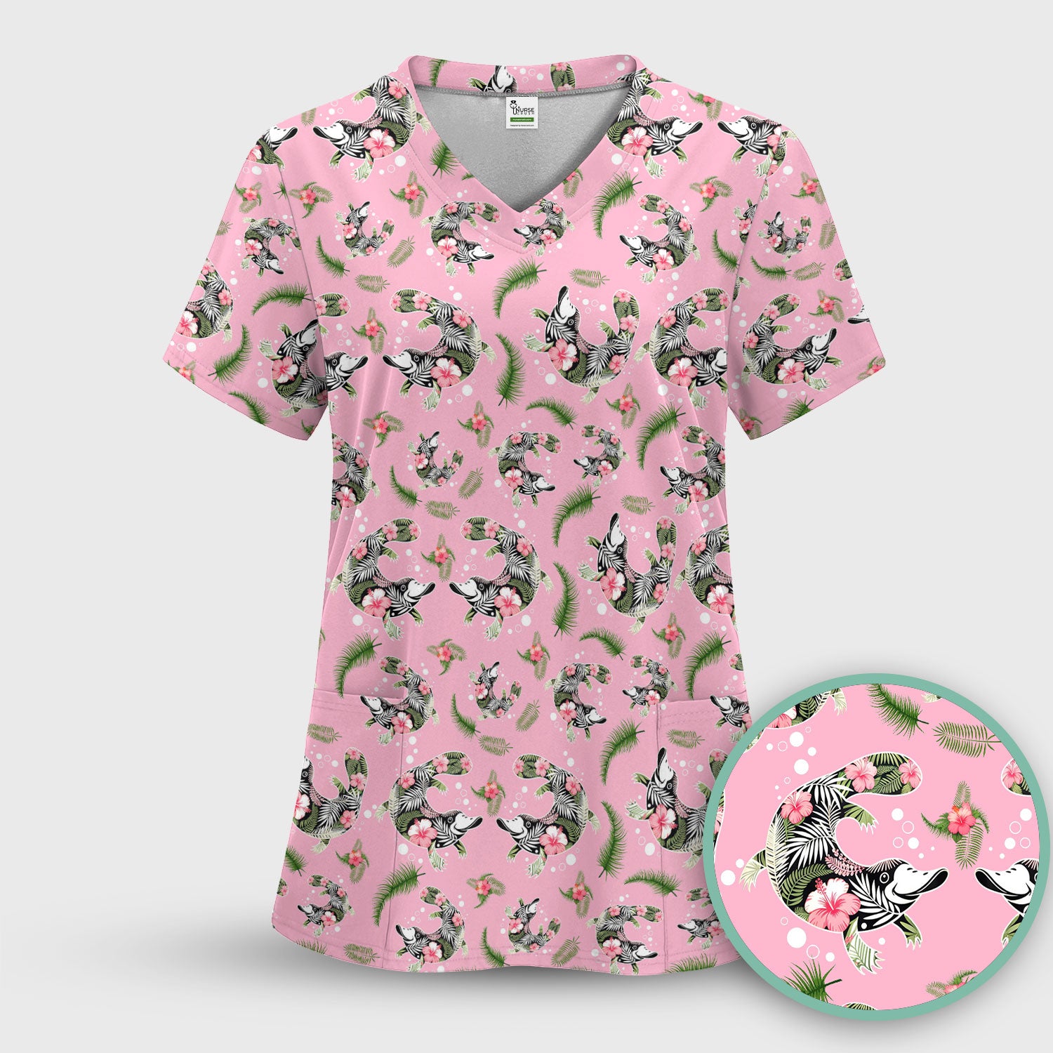 Cute Platypus Scrub Top, Tropical Floral Animal Pattern Nurse Shirt, Breathable Fabrics Nursing Uniform