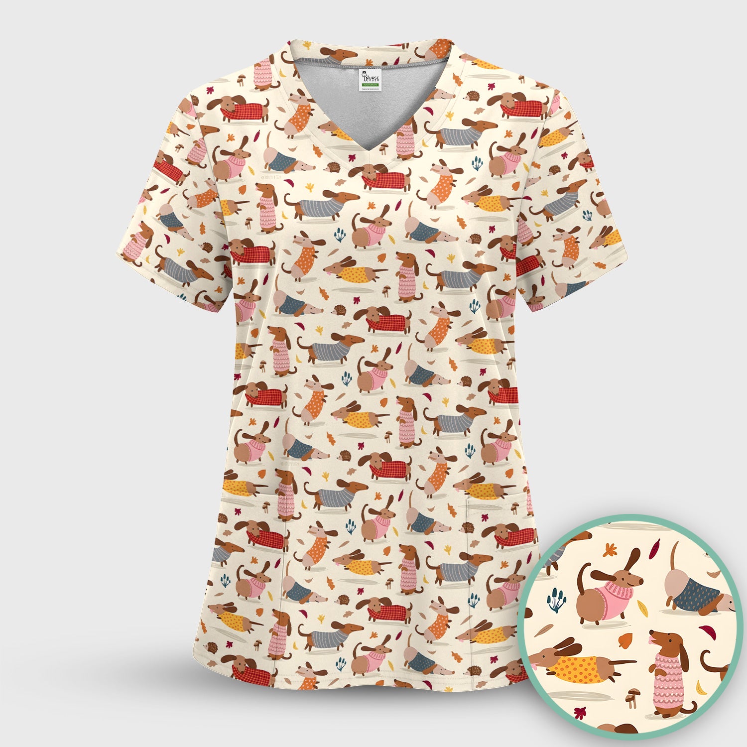Cute Autumn Dachshund Print Scrub Set, Scrub Pants and V Neck Top