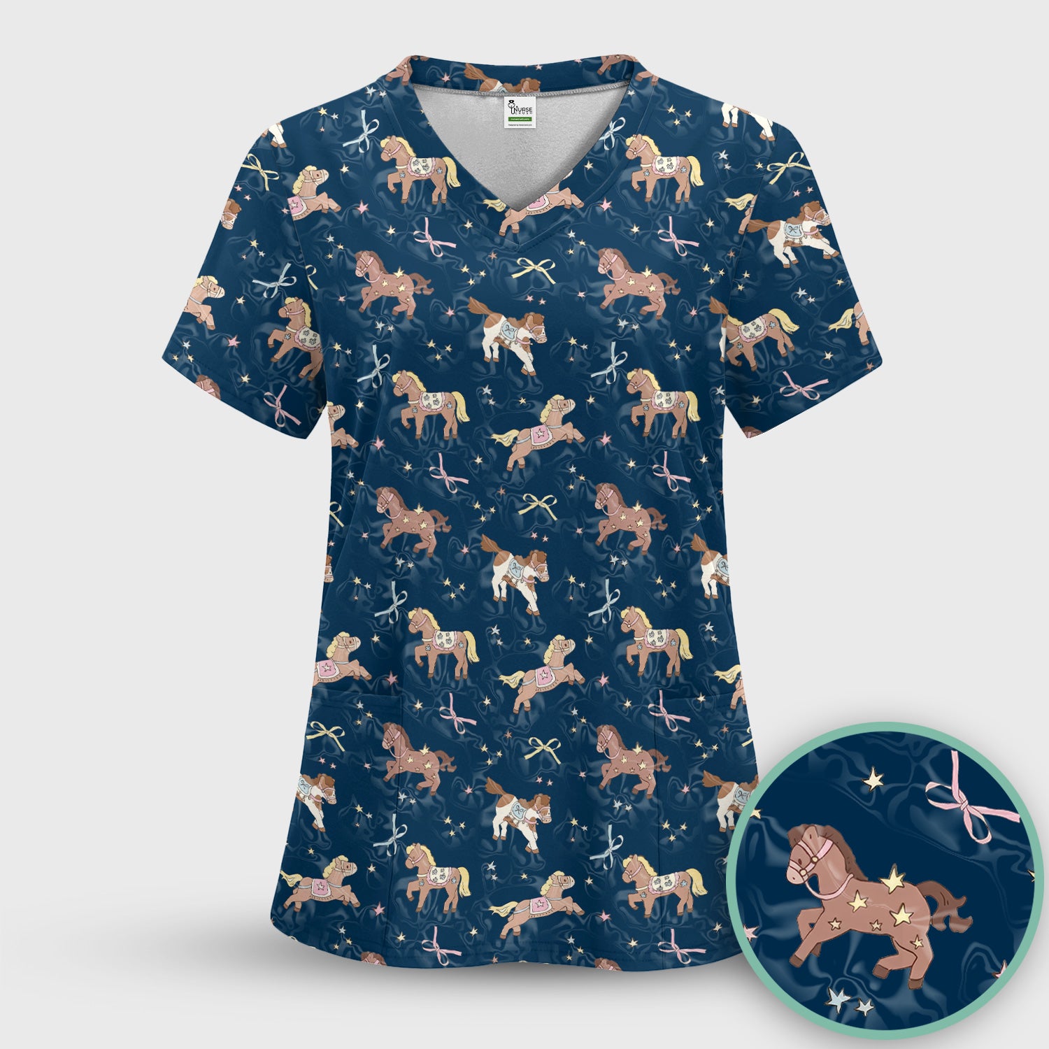 Cute Pony Star Pattern Scrub Top, Comfortable Scrubs for Nurses