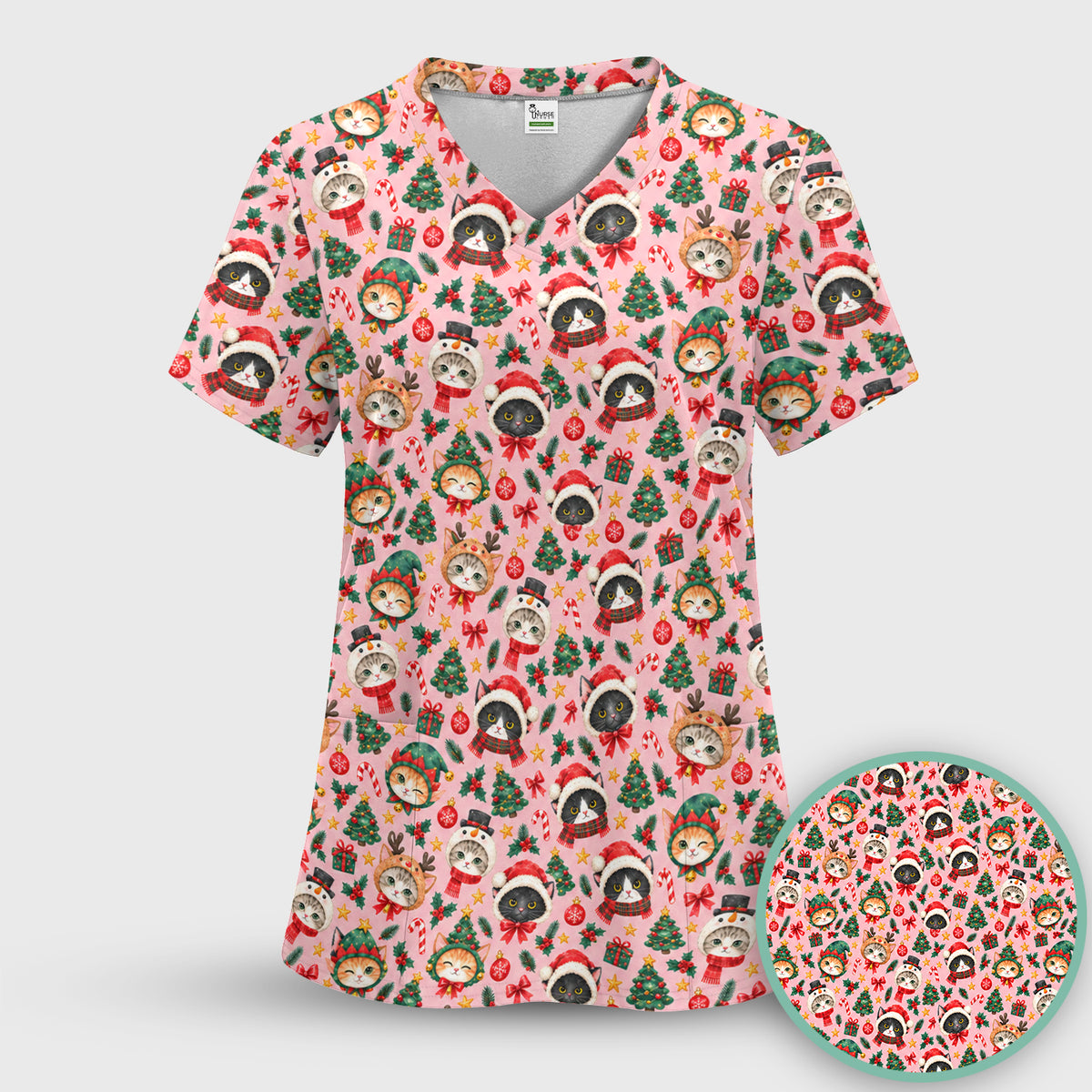 Christmas Cats And Trees Pattern Scrub Set, Scrub Pants and V Neck Top