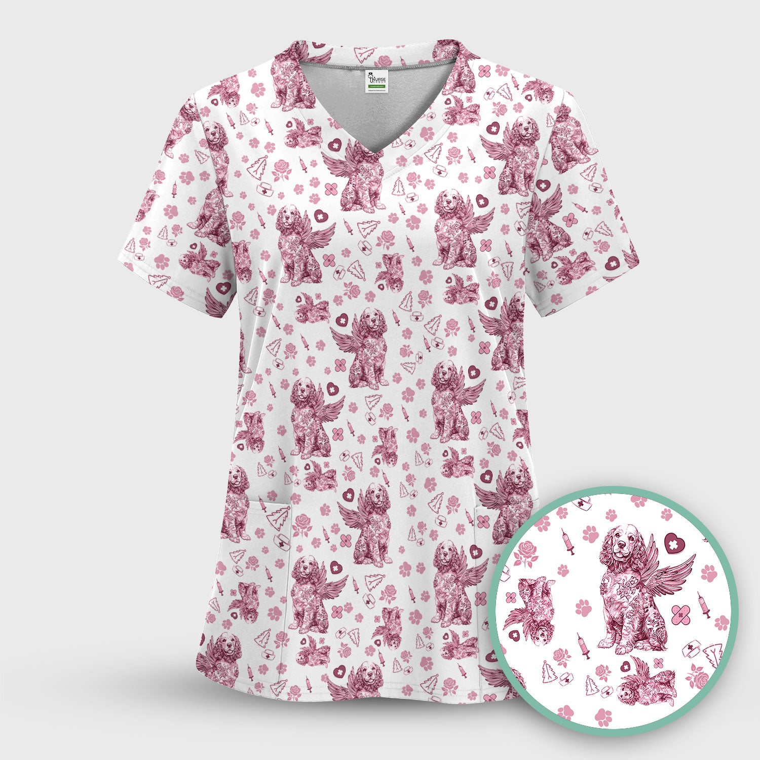 Toile De Jouy Scrubs for Nurses - Angel Puppy Medical Uniform - Floral Dog in Heaven Gift for Women, Vet Techs, RN CNA LPN