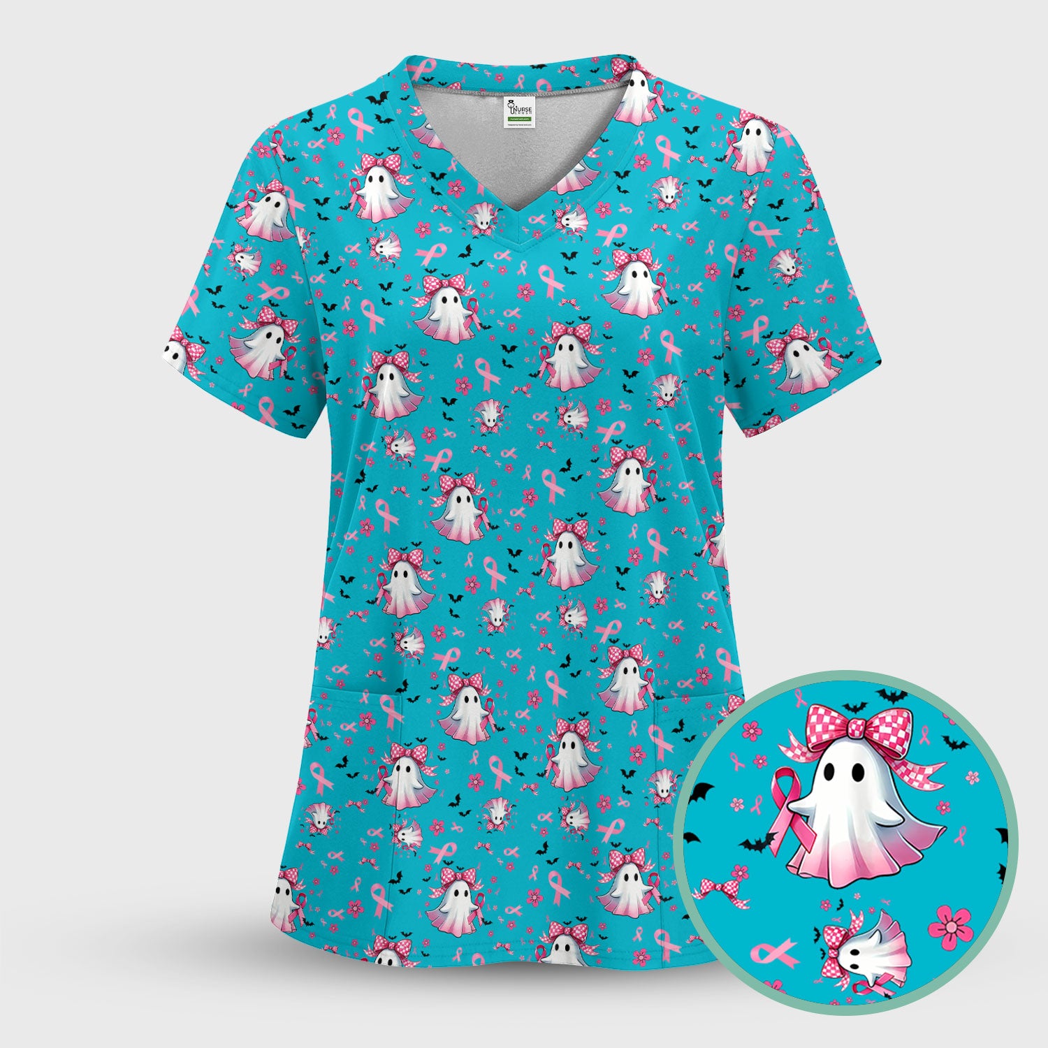 Halloween Ghost Scrub Top for Women - Breast Cancer Awareness Pink Ribbon Nurse Shirt - Cute Spooky Medical Uniform RN LPN CNA