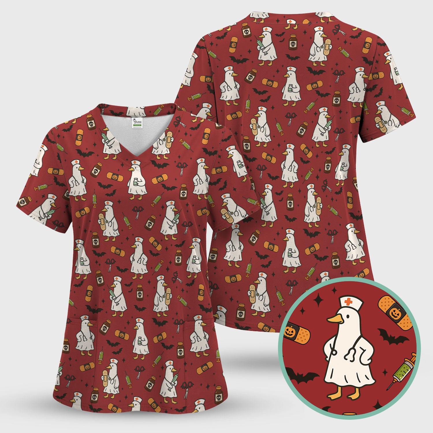 Cute Duck Pattern Nurse Scrub Top - Funny Goose Halloween Medical Design - Playful Spooky Nursing Shirt for RN LPN CNA Women