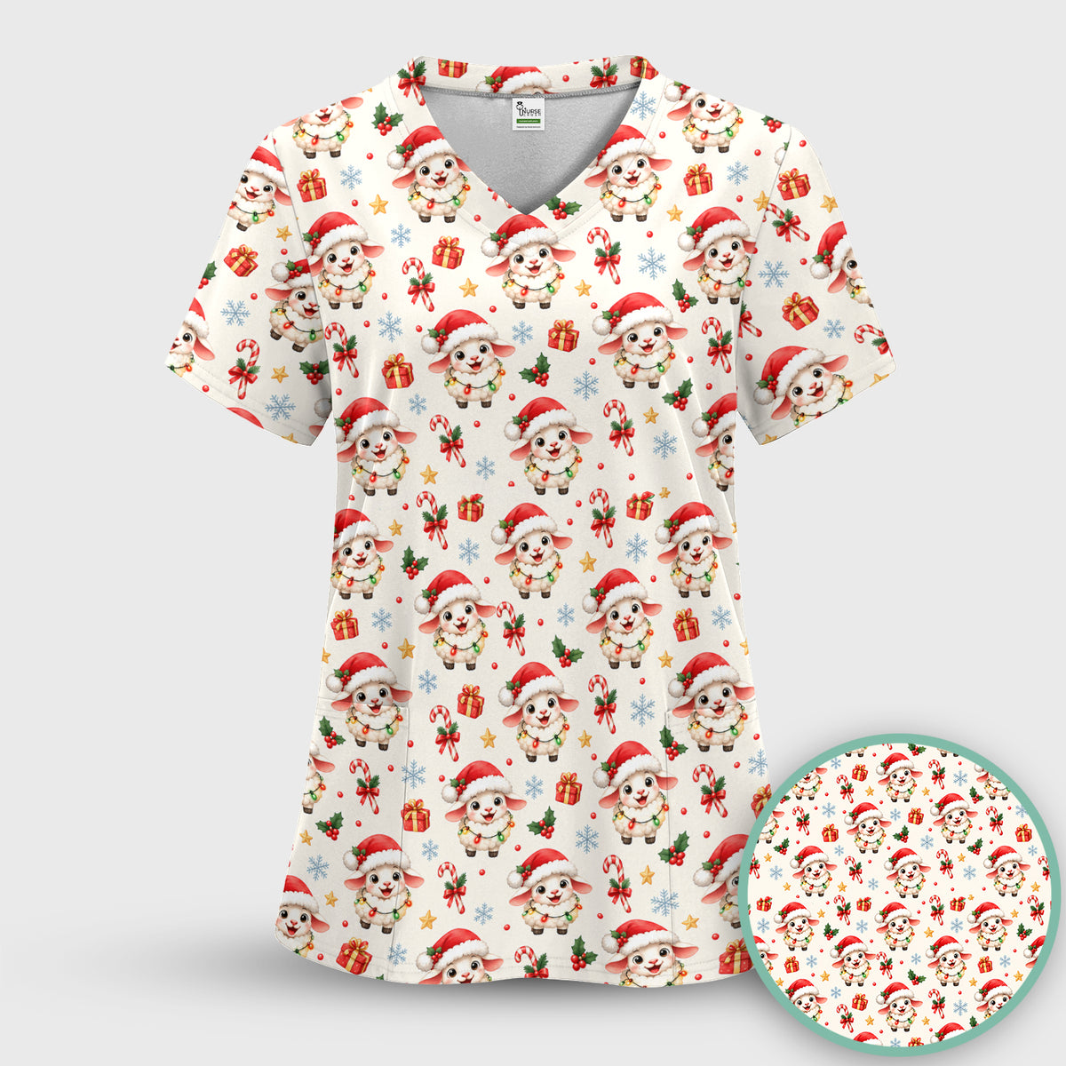 Christmas Lamb With Lights Scrub Top, Comfortable Scrubs for Nurses