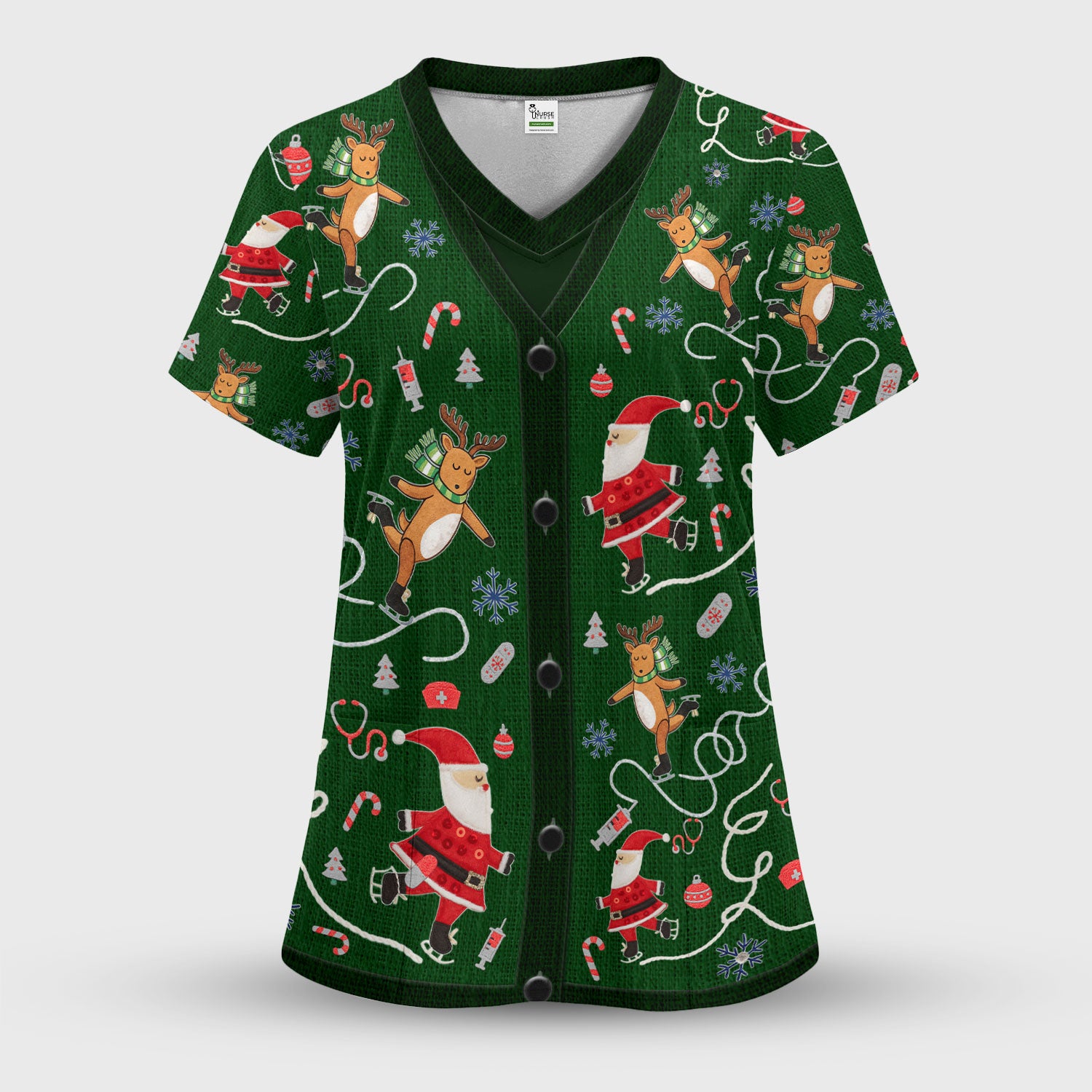 Christmas Reindeer Santa Nurse Scrub Top, Cute Holiday Medical Uniform Shirt for Women
