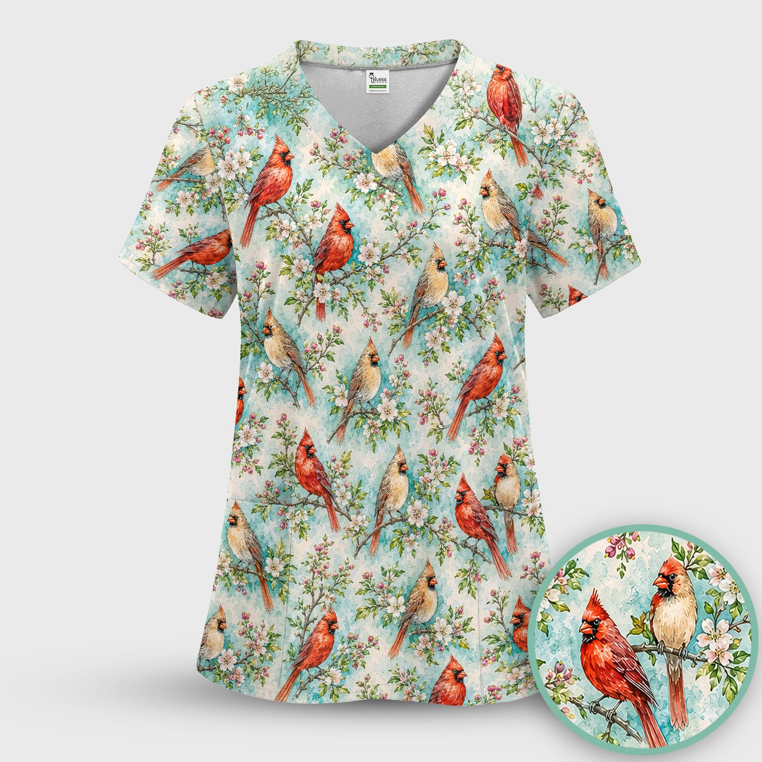 Cardinal Blossom Branch Pattern Scrub Set, Scrub Pants and V Neck Top