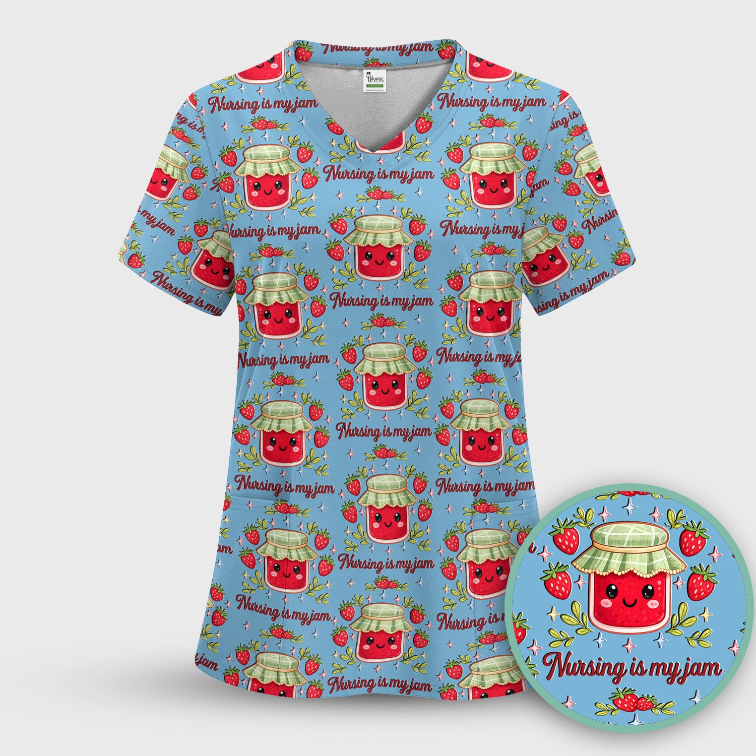 Cute Strawberry Jam Nurse Pattern Scrub Set, Breathable Med Uniform