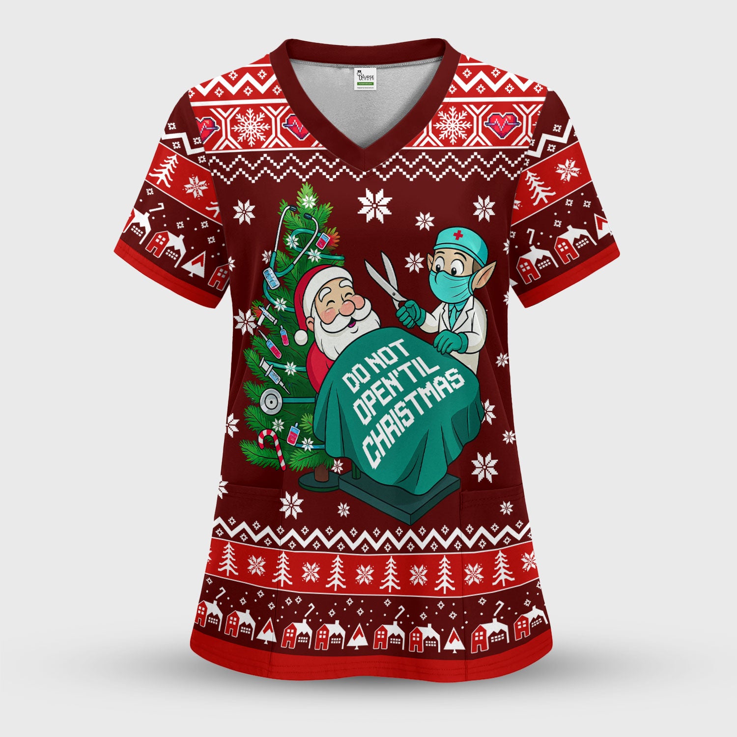 Funny Scrub Top for Women - Do Not Open Til Christmas Santa and Elf - Holiday Medical Uniform Gift for RN LPN CNA