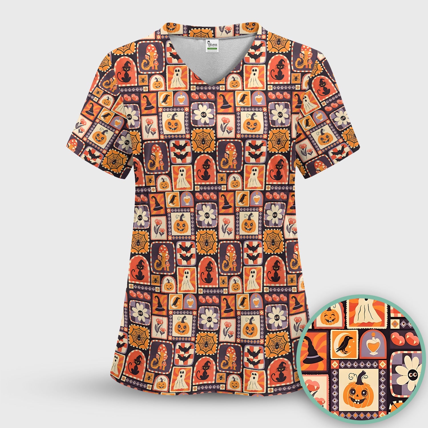 Retro Halloween Patchwork Icons Scrub Top, Comfortable Scrubs for Nurses